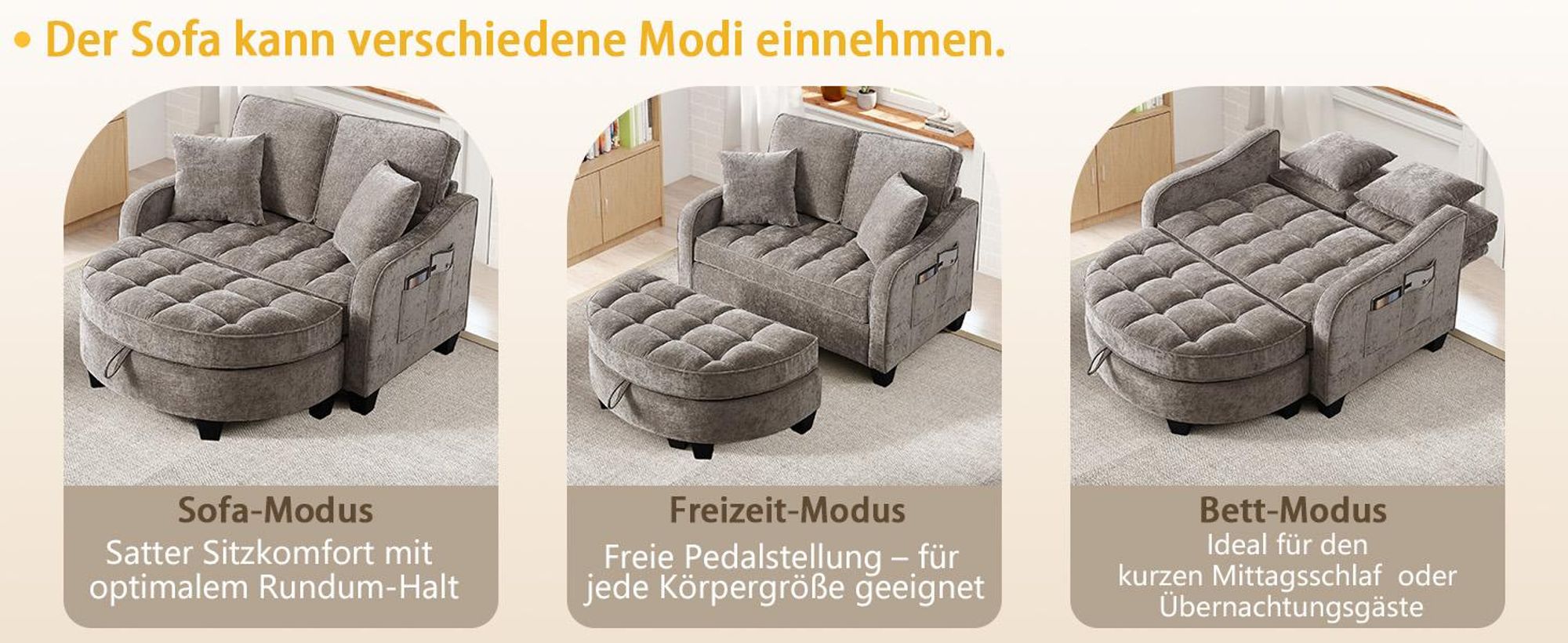 MODFU Multifunktionales Sofa Schlafsofa mit Aufbewahrungs-Hocker,Relaxsofa mit rutschfeste Kunststoffbeine,Braun