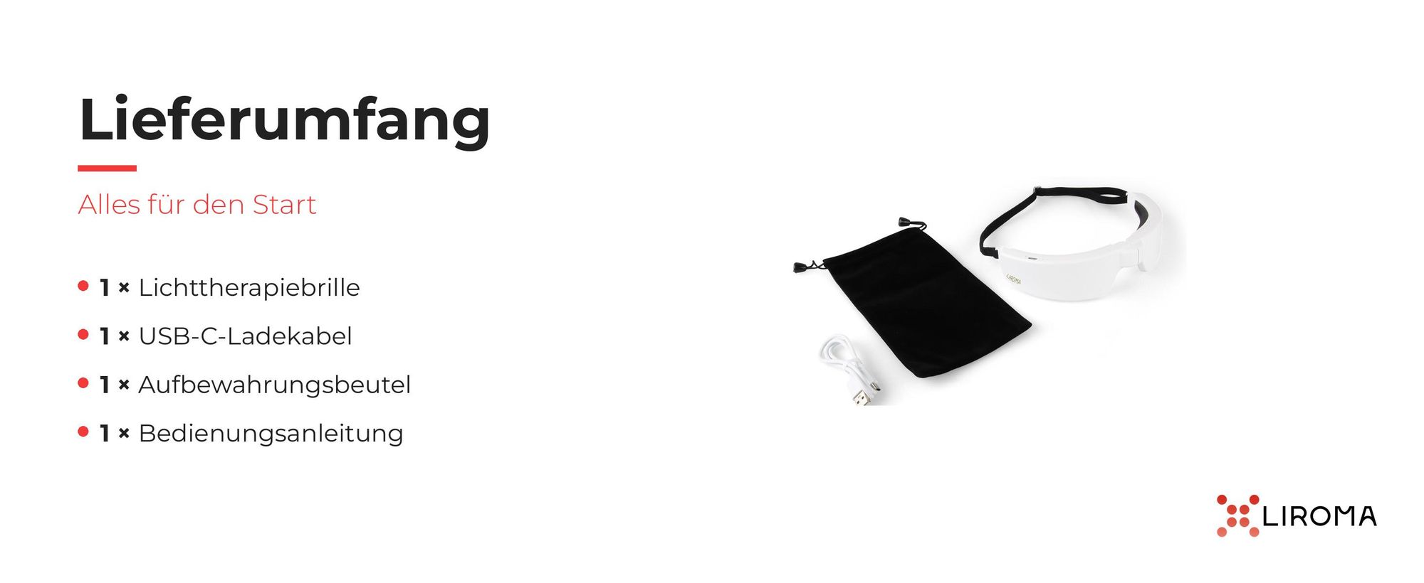Lieferumfang: Lichttherapiebrille, USB-C-Ladekabel, Aufbewahrungsbeutel