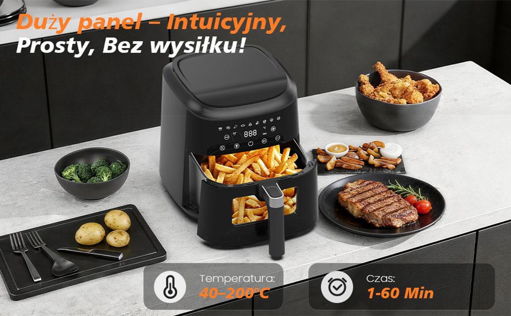 Frytkownica beztłuszczowa 6L Airfryer, 9 programów, 40–200 °C, funkcja podgrzewania, okno podglądu, powłoka nieprzywierająca, 1650 W, Czarny