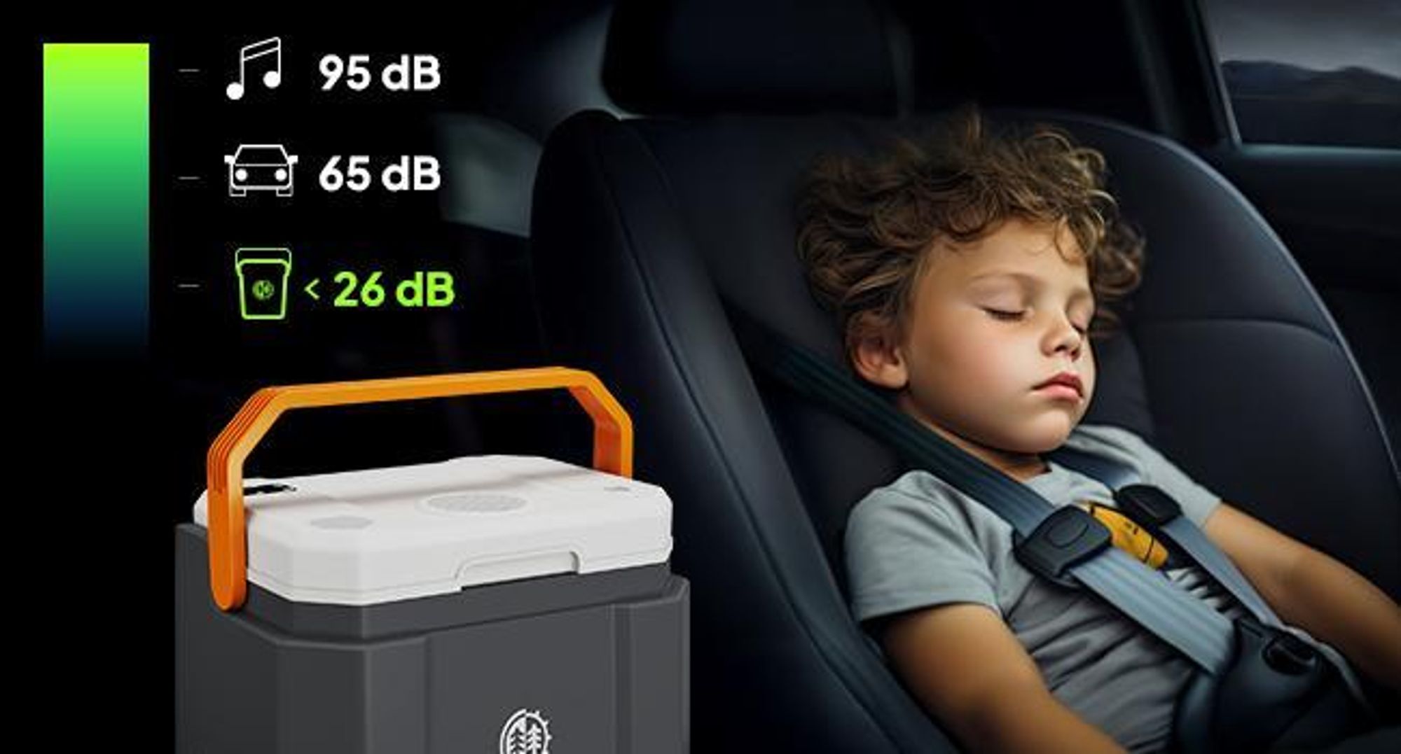 Dieťa spí v aute. Tichý chladič vzduchu: <26 dB. Porovnanie: hudba 95 dB, auto 65 dB.