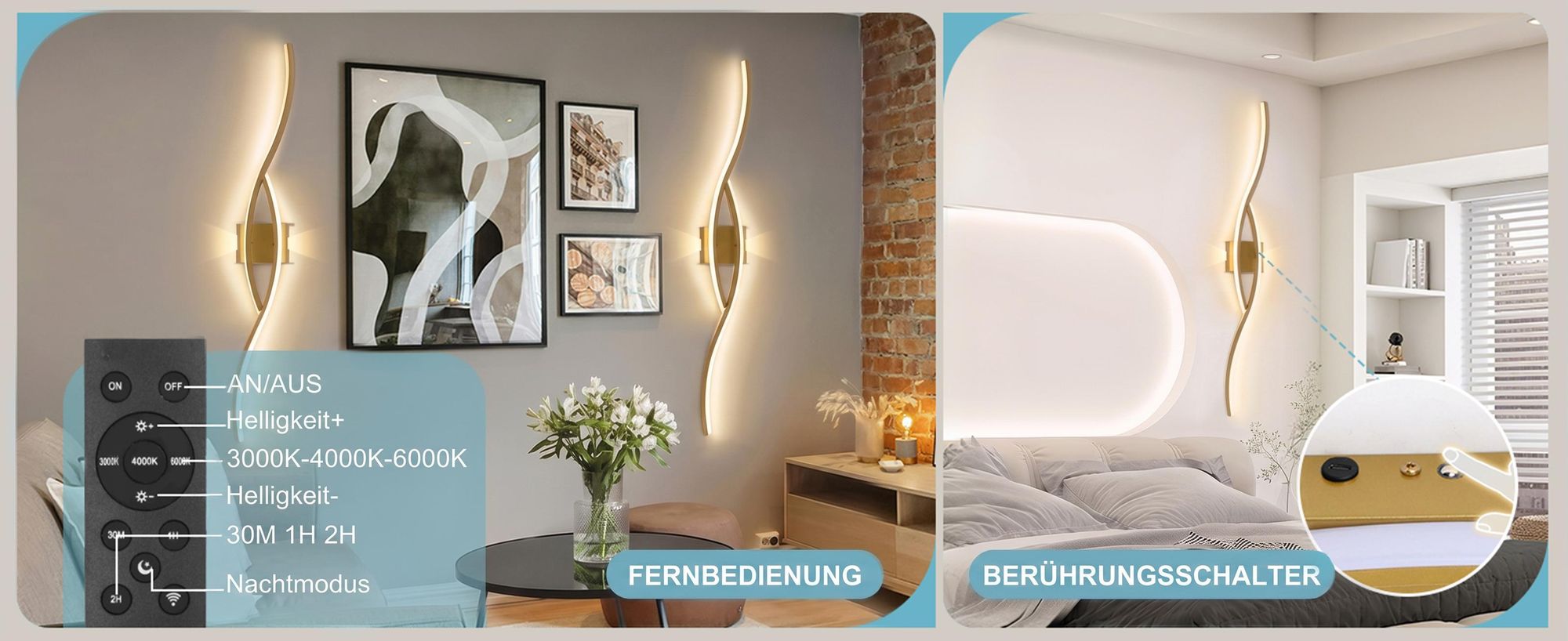 2 Stück LED Wandleuchte Innen Modern Dimmbar 3 Farbtemperaturen Wiederaufladbar Wandlampe mit Fernbedienung