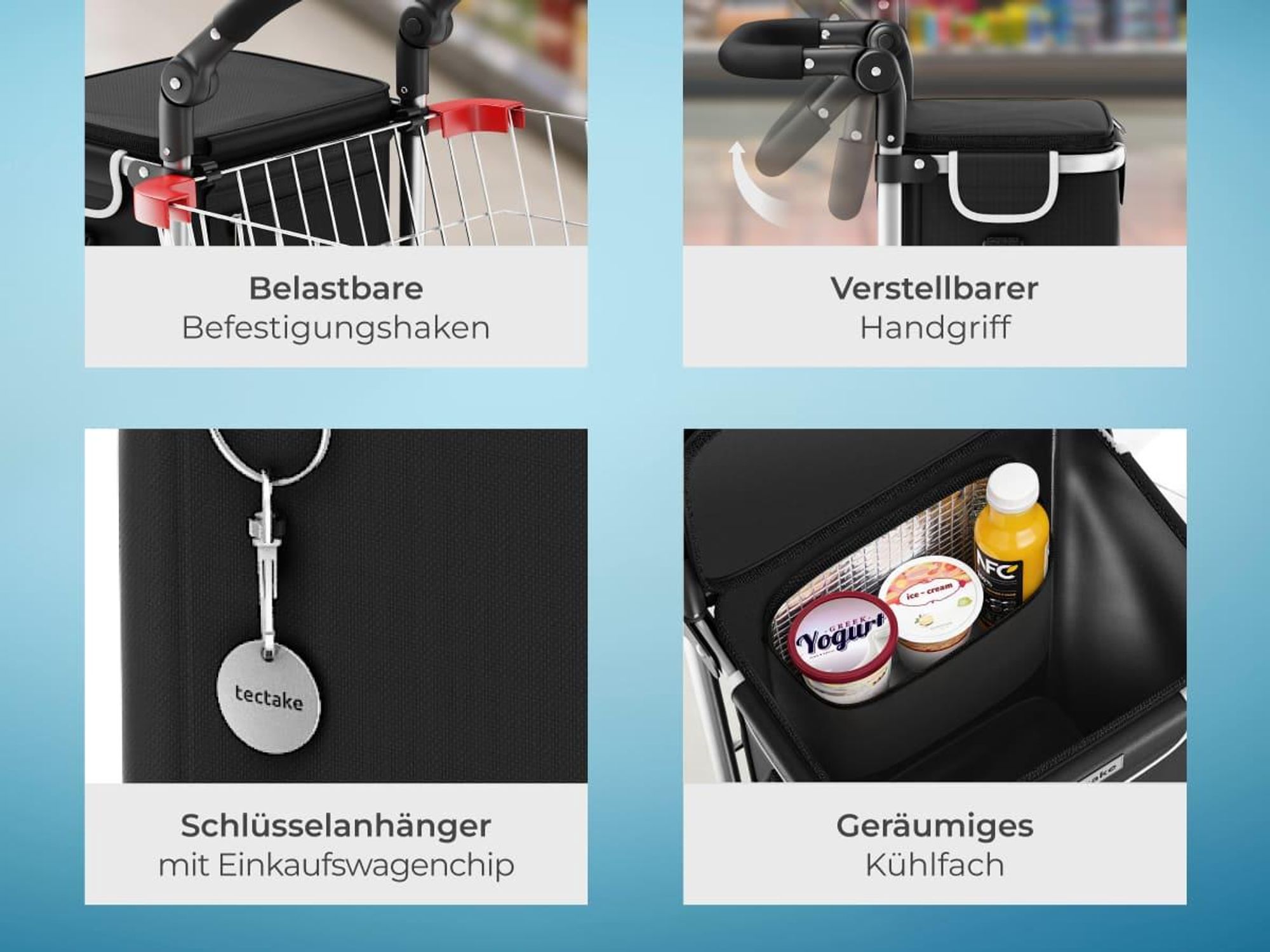 tectake Einkaufstrolley 3-in-1 klappbar mit Kühltasche Trolley Umhängetasche Sackkarre 56 l Aluminiumgestell Profilräder großer Stauraum,