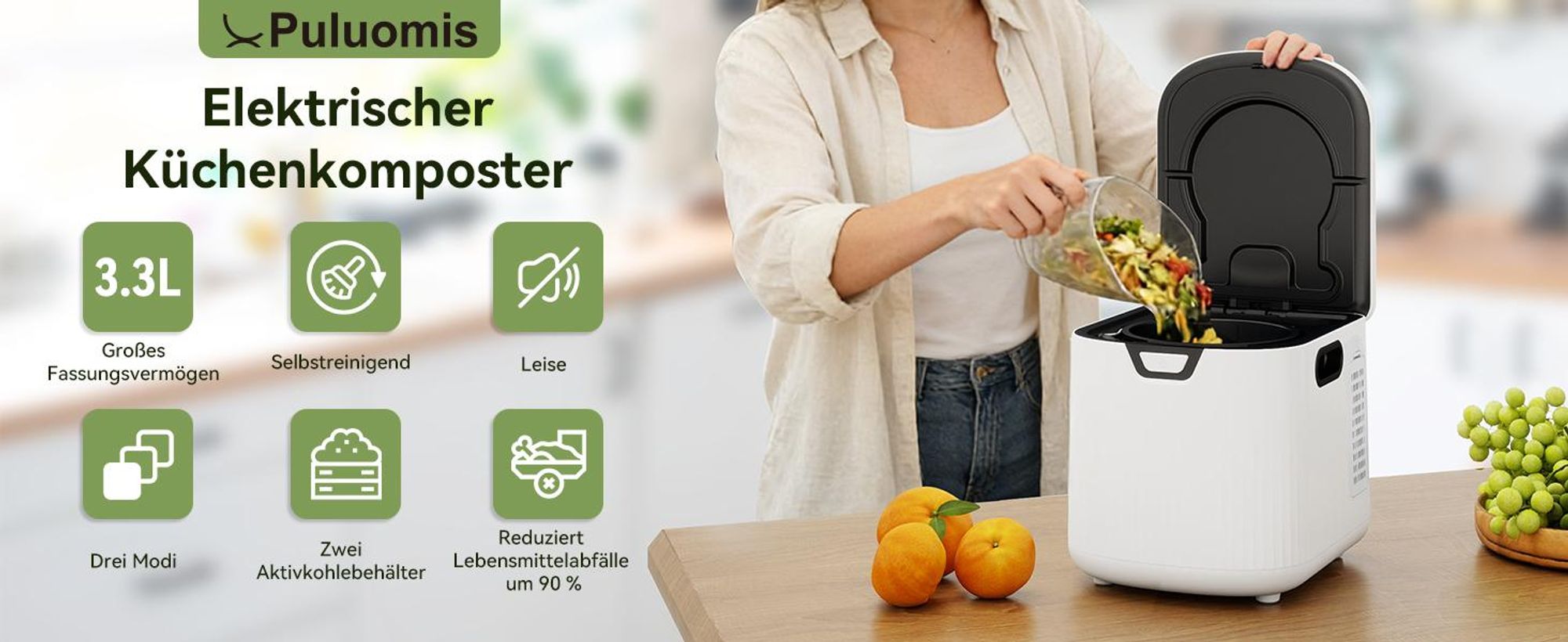 Puluomis Intelligenter Elektrischer Komposter 3.3L, 3-in-1 selbstreinigend, geruchsfrei und leiser Küchenkomposter, für Obst-/Gemüseabfälle Küche