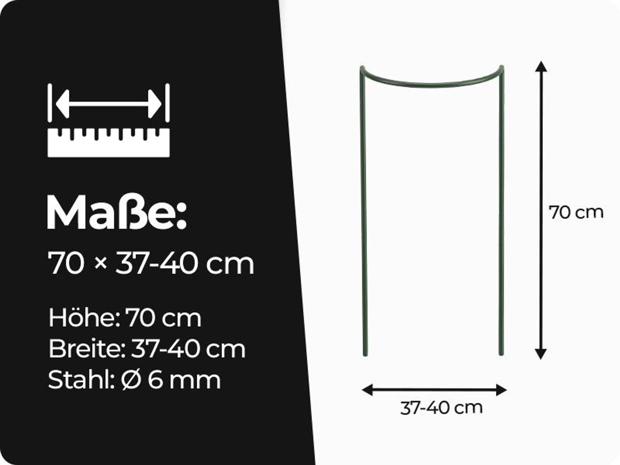 Staudenhalter-Set x10 – Pflanzenstütze, Rankhilfe Rosenstütze – Stahl pulverbeschichtet Dunkelgrün – Höhe 70 cm, Breite 37–40 cm, Drahtstärke ø 6 mm – für Stauden Sträucher Rose