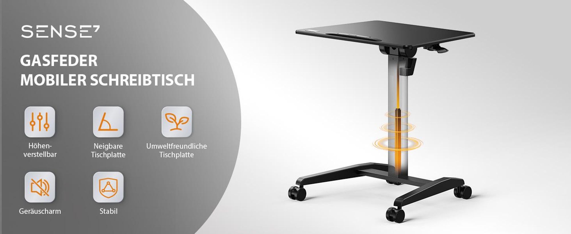 SENSE7 Schreibtisch auf Rollen Mobiler Schreibtisch - Kippbare Tischplatte Höhenverstellbar Große Arbeitsfläche Modern minimalistisch 70x52cm Schwarz
