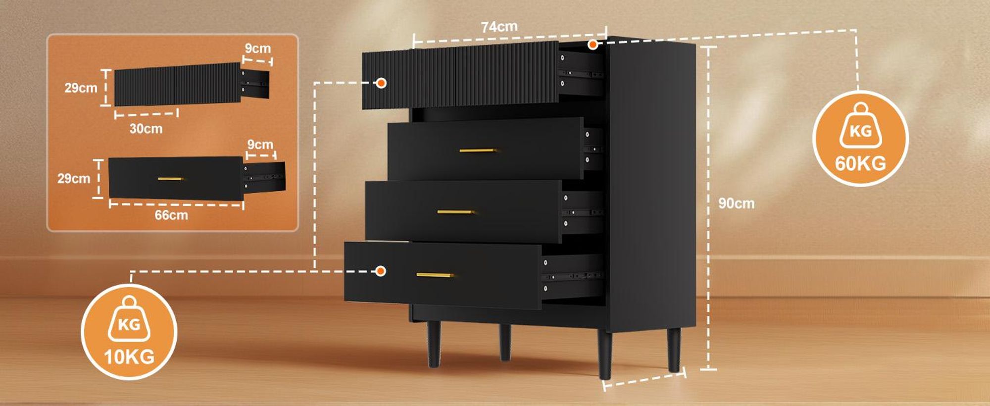 HOMAVO DG2 Kommode – Modernes Design, 5 geräumige Schubladen, pflegeleichte Melaminoberfläche,Holz, langlebig, ideal für Wohnzimmer