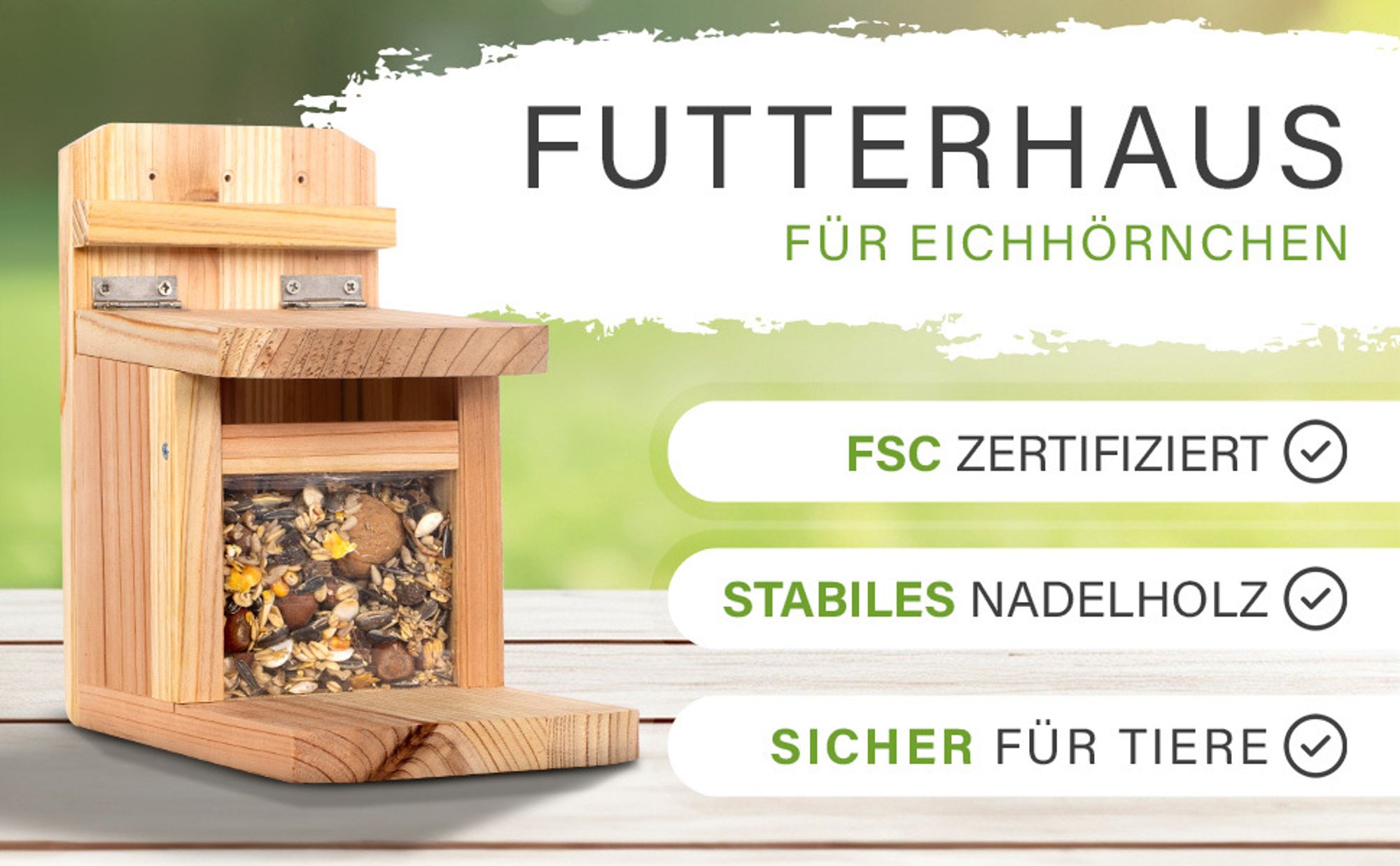 Waldfunk Eichhörnchen Futterhaus  I Wetterfeste Futterstation aus verschraubtem Massiv-Holz I mit Leinöl Behandlung - für Eichhörnchenfutter