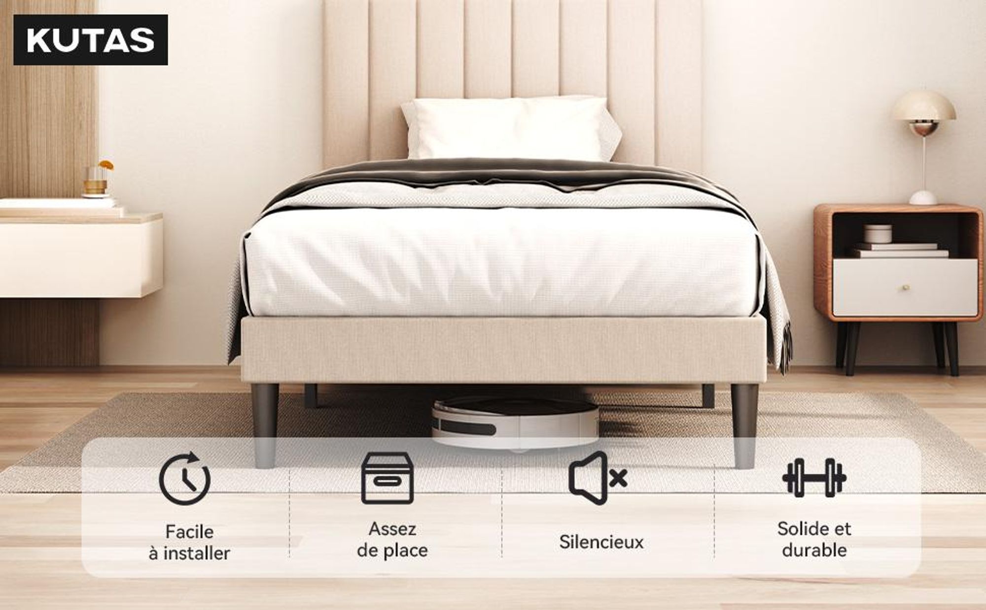 Lit rembourré 90 x 200 cm avec tête de lit réglable, sommier à 12 lattes, cadre de lit robuste pour chambre à coucher ou chambre d'adolescent, charge maximale de 260 kg, blanc gris