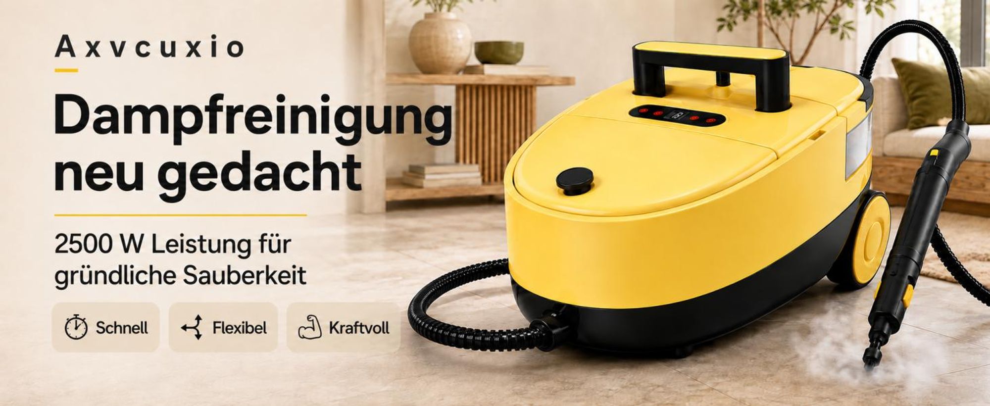 2500W Tragbarer Dampfreiniger, 2L Wassertank, 3 Dampfstufen am Griff, 15 Sek. Aufheizzeit, integrierter Stauraum, 20 Zubehörteile für Haus und Küche