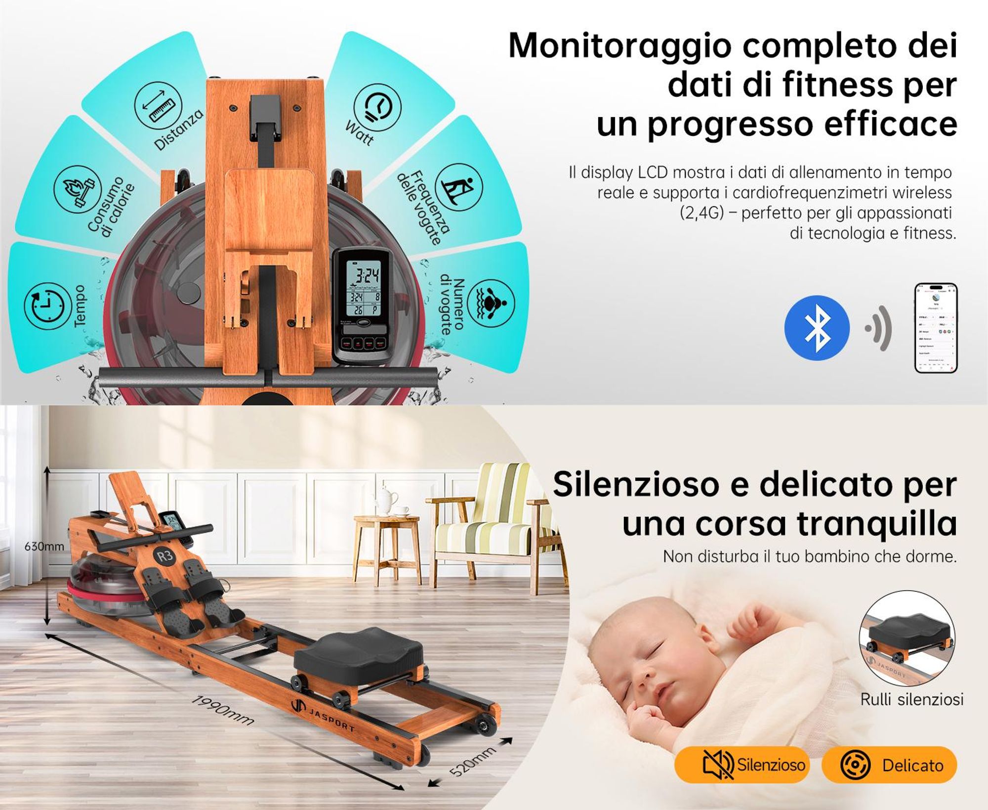 JASPORT R3 Vogatore pieghevole con display LCD Bluetooth, compatibile con Kinomap, serbatoio dell'acqua da 28 litri, portata massima 150 kg - Colore ciliegio