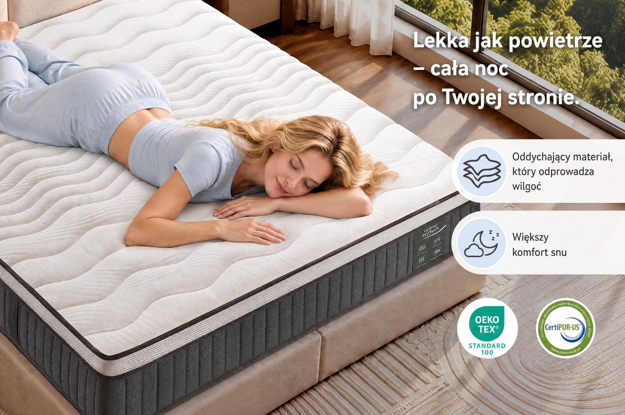 Materac 140x200 cm, wysokość 22 cm, z wbudowanym topperem, materac sprężynowy kieszeniowy, 7 stref twardości, stopień twardości H3/H4