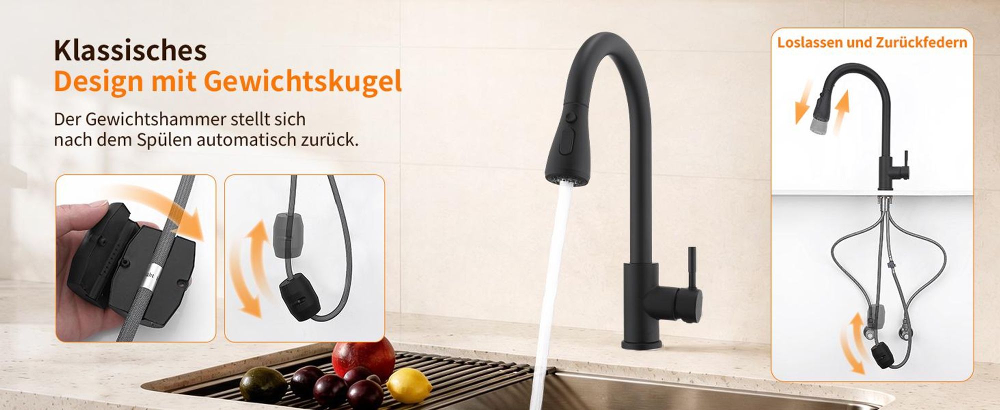 Homelody Schwarz Küchenarmatur Spültischarmatur mit Brause 35cm, Wasserhahn Küche Ausziehbar mit Zwei Wasserstrahlarten, 360°Schwenkbar, Edelstahl 304