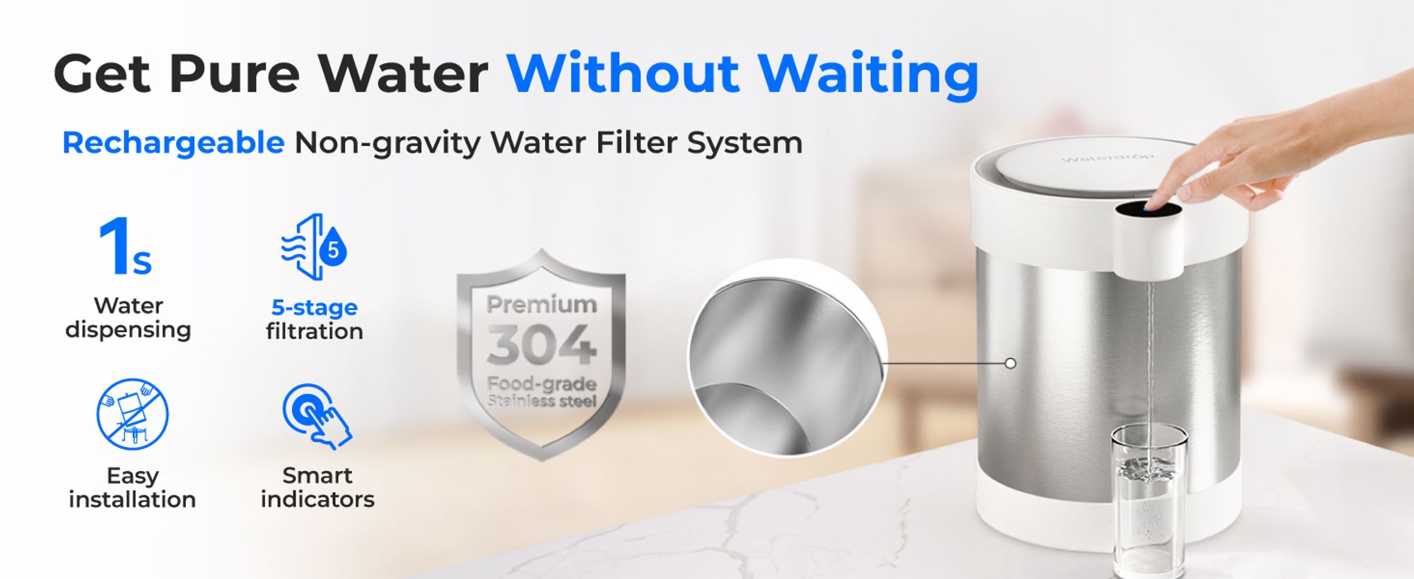 Waterdrop Edelstahl Wiederaufladbarer Wasserfilterspender, WD-ED21W 5,3L 3 Monate Wasserenthärt Elektrischer Kann, Reduziert Kalzium