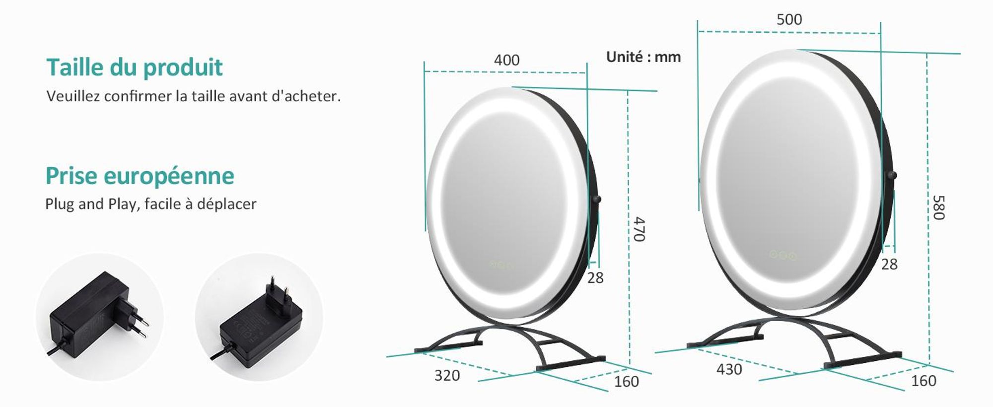 EMKE Miroir de maquillage avec éclairage, miroir Hollywood avec 3 couleurs de lumière, contrôle smart touch Miroir de maquillage avec lumière pivotant à 360°, luminosité réglable et fonction mémoire (Φ400mm, noir)