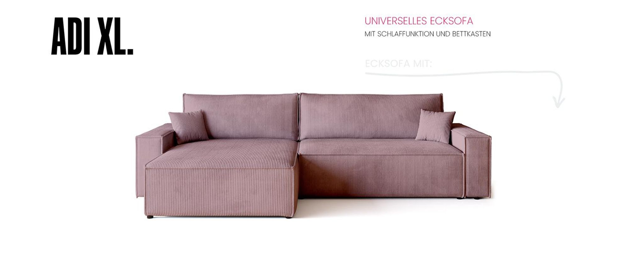 BroMARKT Ecksofa ADI XL Schlaffunktion Bettkasten L-Form 125x230 cm Puderrosa