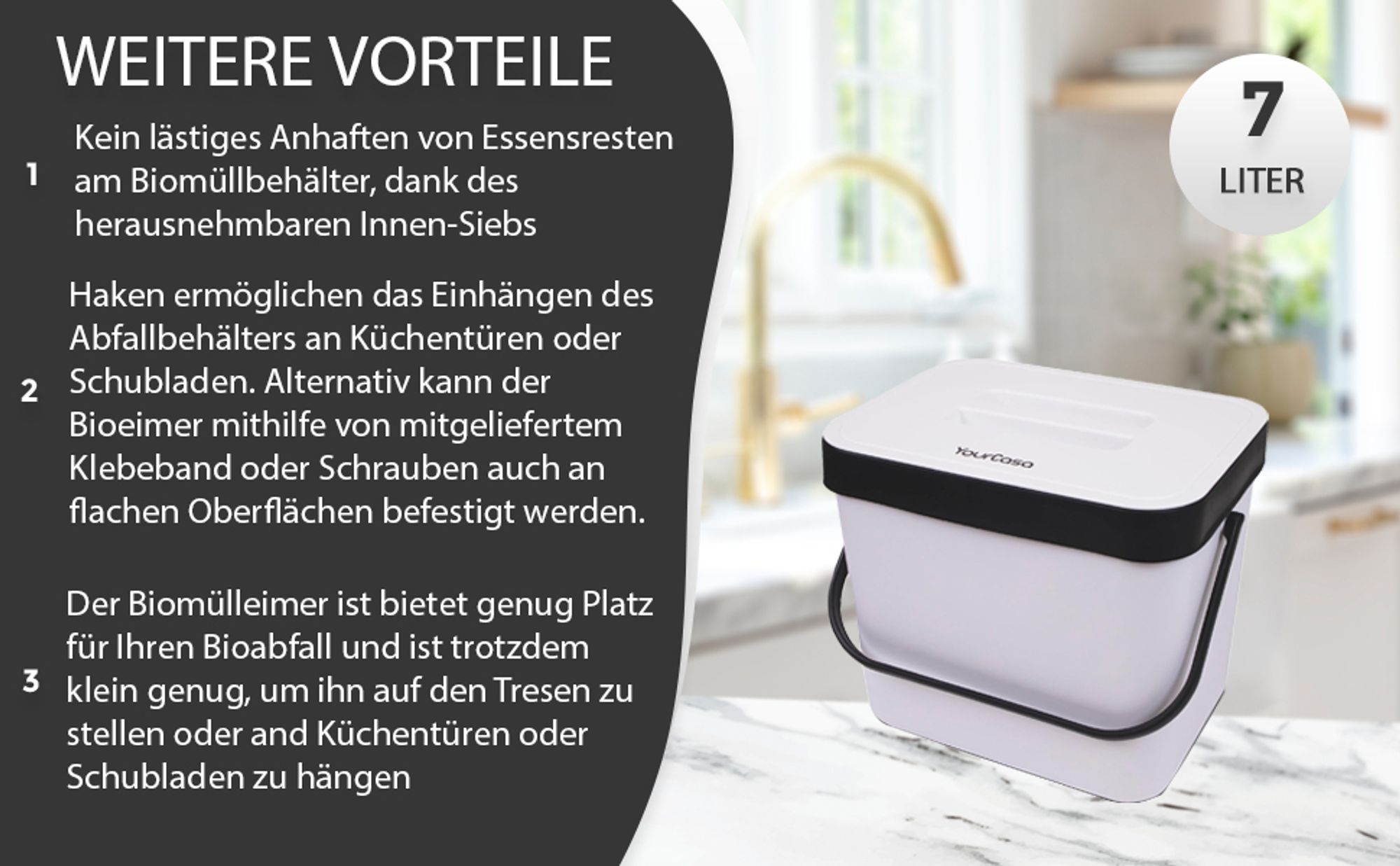 YourCasa 7L Biomülleimer mit Halterung und Sieb für Küche - Geruchsdicht & Spülmaschinenfest Schwarz