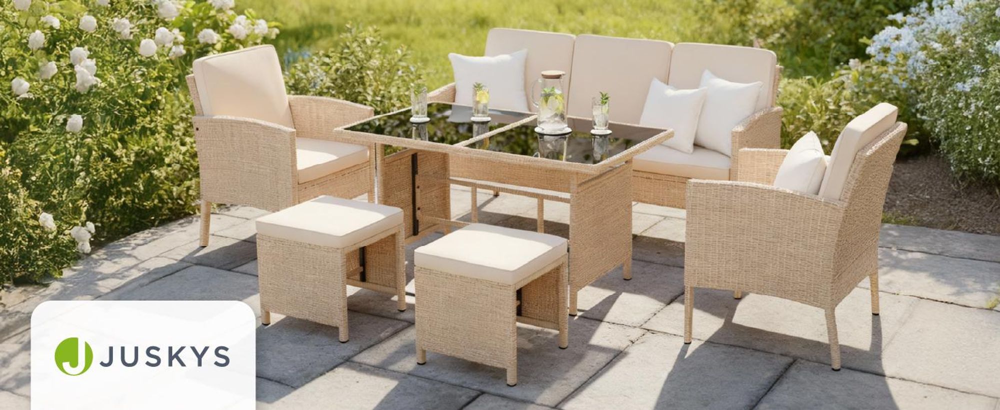 Juskys Polyrattan Gartenmöbel Sitzgruppe Turin Set 6 teilig - Outdoor Möbel Creme / Sand