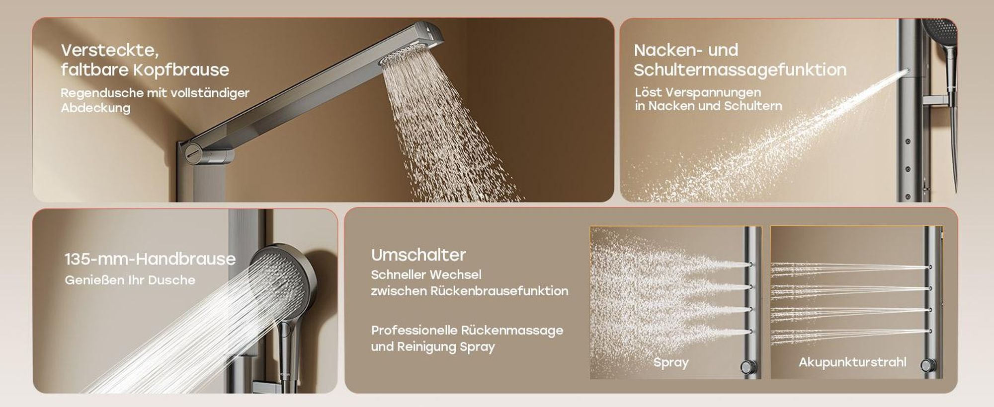 HOROW RainFlexi S1 Regendusche Set Massage ohne Armatur, Grau Duschpaneel mit Großem Duschkopf, Klappbares Duschsystem, Höhenverstellbares Duschset