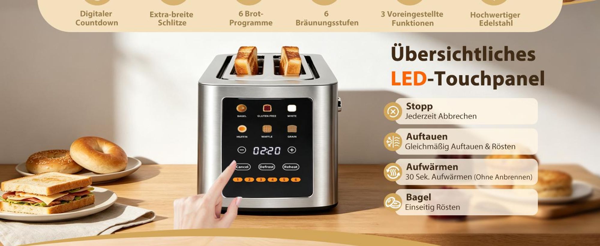 Aigostar Langschlitztoaster 4 Scheiben, Touchscreen,