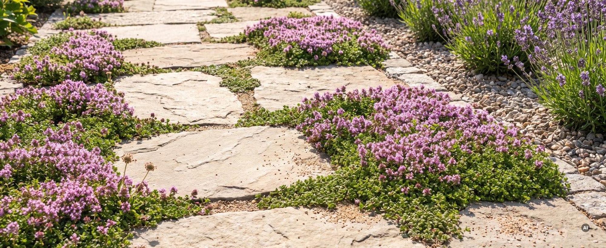 Zwerg-Thymian 'Minor' blüht lila-rosa in den Fugen eines Natursteinwegs im Juni