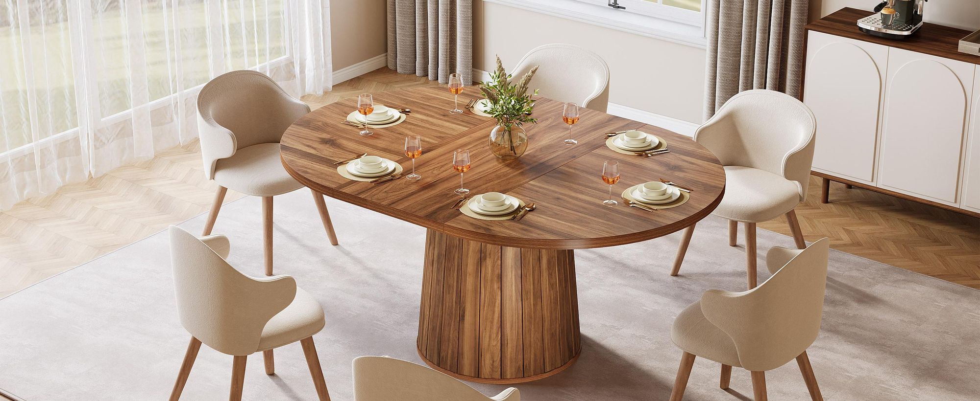 Tribesigns ovale eettafel voor 6 personen, 140 cm, landelijke houten eettafel, rustieke keukentafel met houten tafelblad en cilindrische poten, bruin