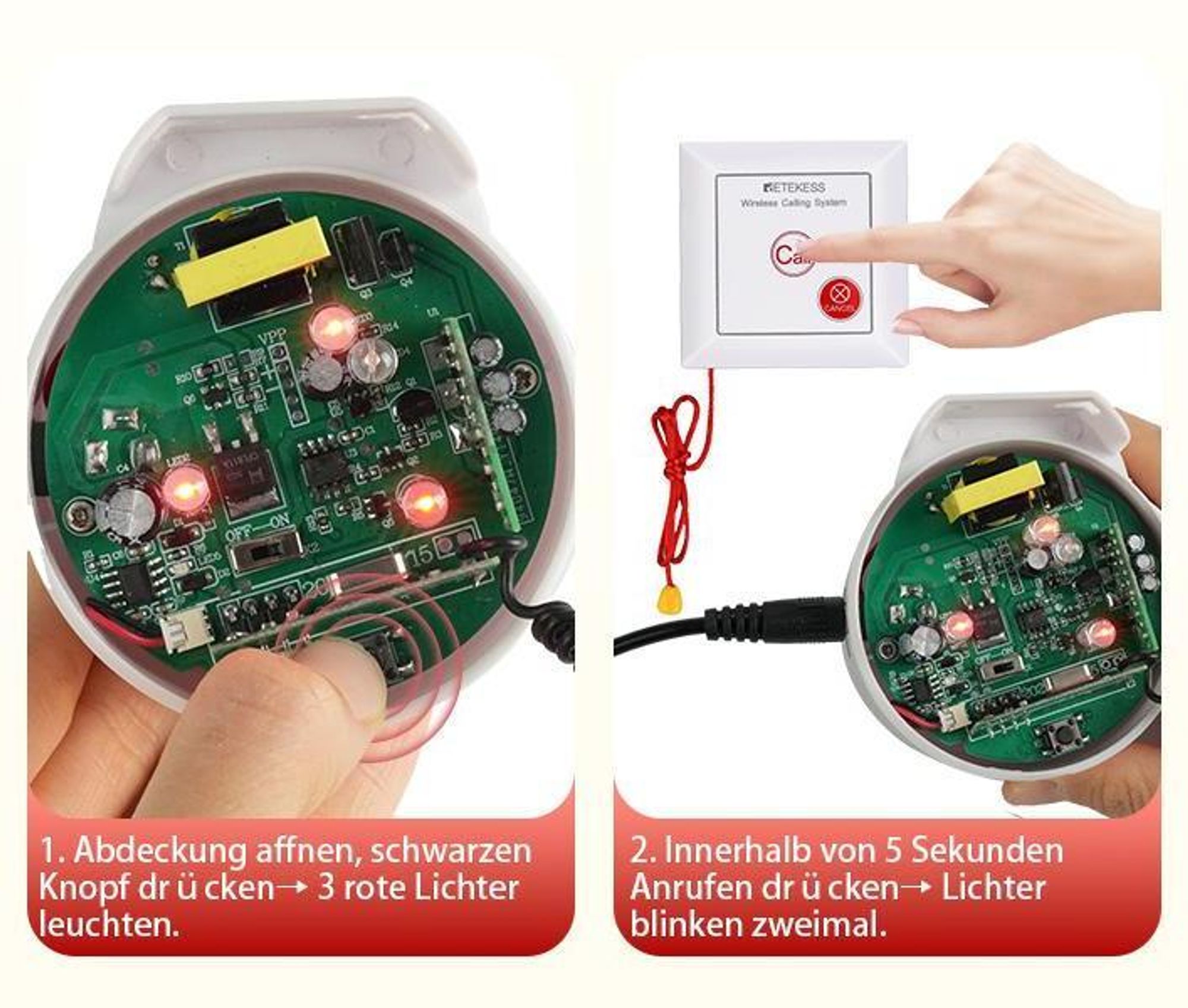 Retekess TH103 Alarmsystem Hausnotruf, Ton- und Lichtrufsystem, Wasserdichte IP54-Ruftaste mit SOS-Kabel, für ältere Menschen,Notrufknopf für Senioren