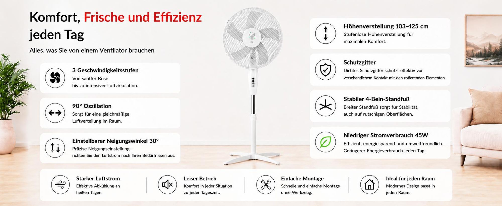 Standventilator KALORIK VT1081 40 cm 45 W  5-Flügel  Oszillation  Höhenverstellbar Weiß