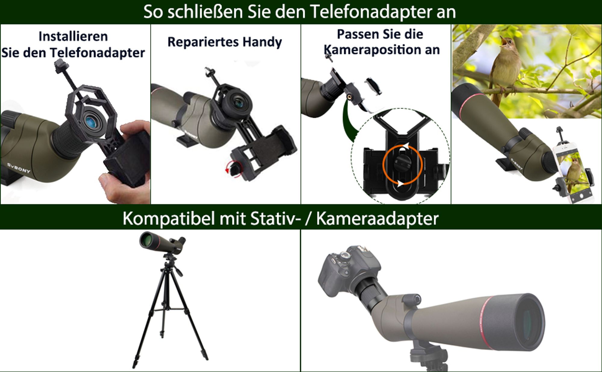 Svbony SV13 20-60x80 Spektiv mit Smartphone Adapter, HD Wasserdicht Spotting Scope Monokulare Ferngläs mit Tragetasche, FMC Optik Abgewinkelt Teleskop