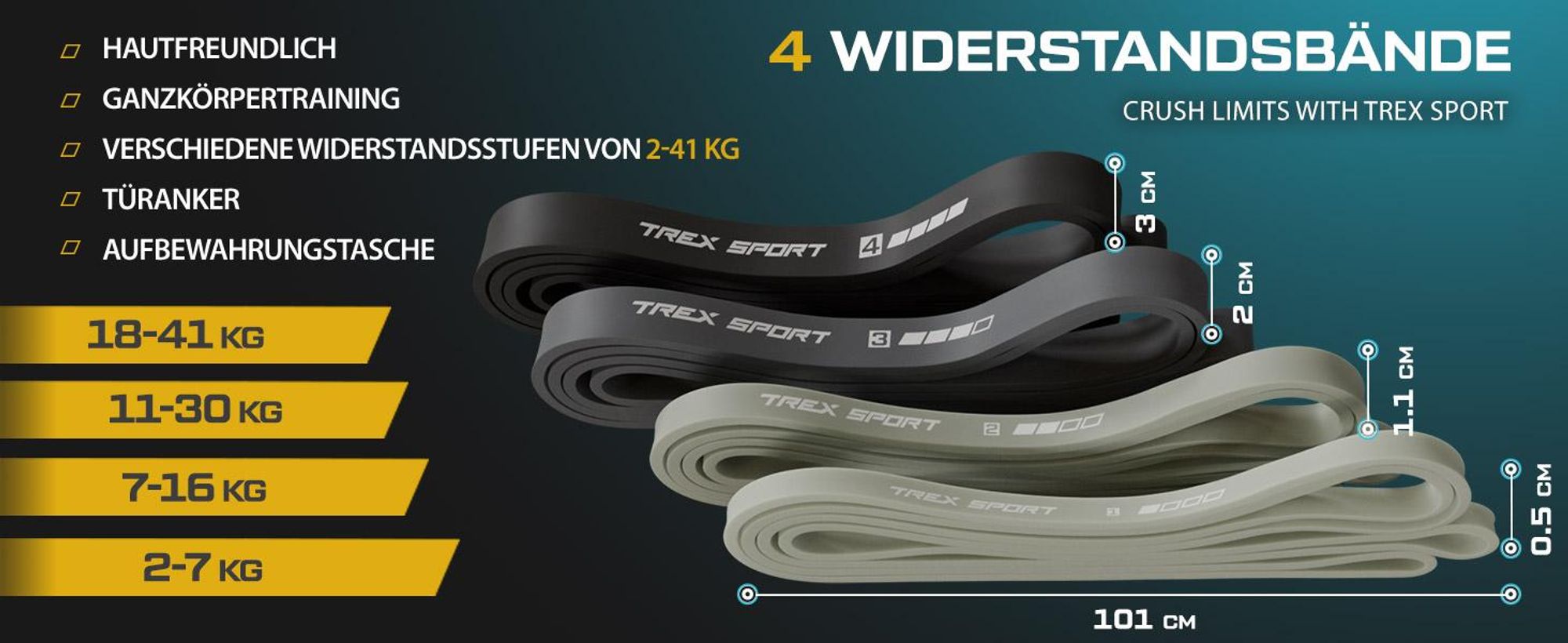 TREX SPORT Gymnastikband 4 Stück Set TX-004PB Widerstandsband | Klimmzugband, Fitnessband 100% Latex, 2-41 kg, mit Türanker | Resistance Band Grau