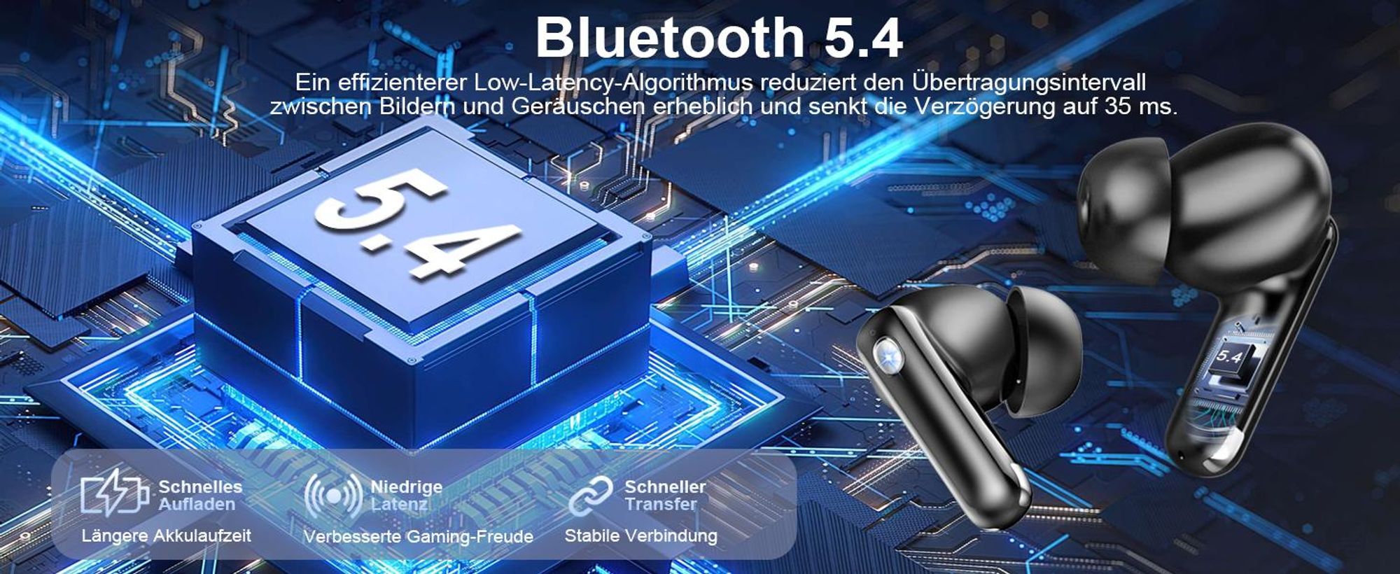 Bluetooth Kopfhörer, In Ear Kopfhörer, HiFi Stereo, Bluetooth 5.4, mit ENC Noise Cancelling Mic, 50 Std Spielzeit, mit 2D Bass LED-Anzeige