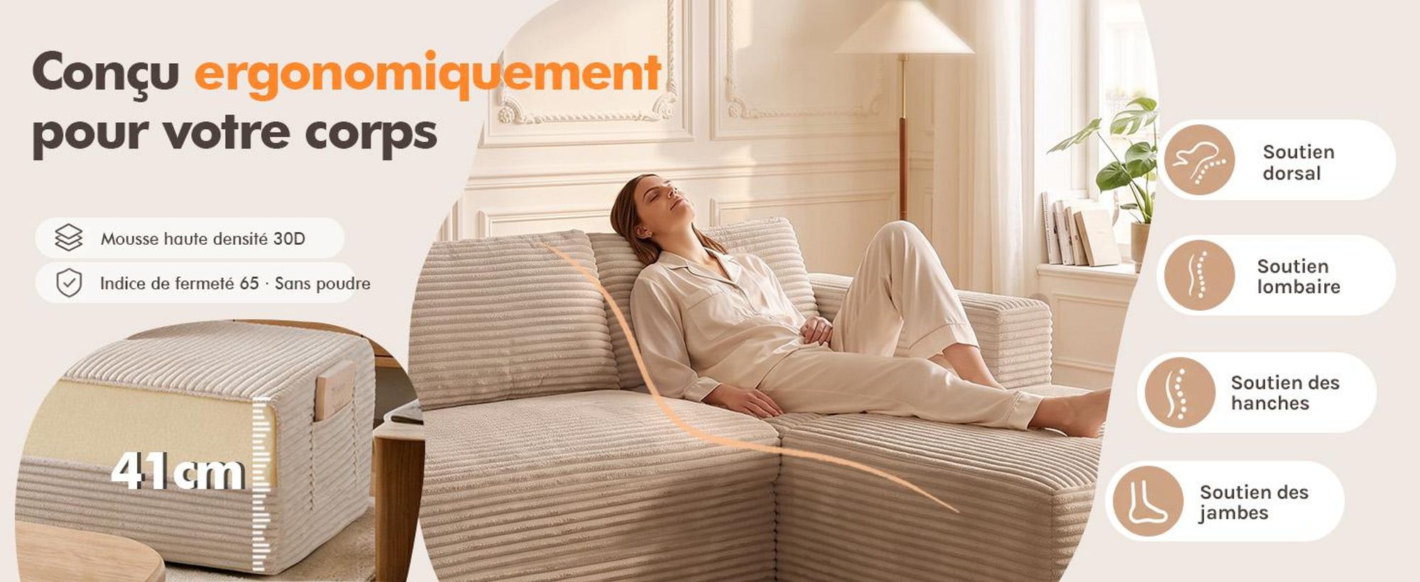 Canapé d'angle COMHOMA avec fonction convertible, 228 cm, en velours côtelé. Canapé modulaire sans structure visible, avec chaise longue et structure métallique pour le dossier. Canapé d'angle convertible avec ouverture