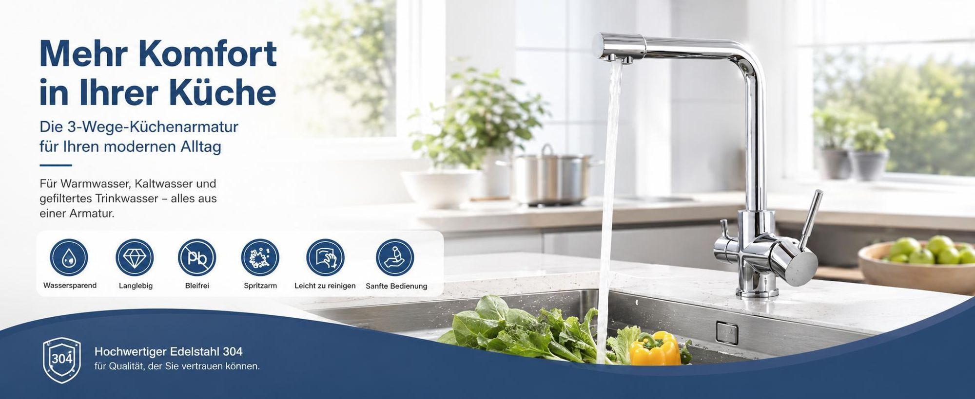 3-Wege Wasserhahn mit Filter, 360° drehbare Küchenarmatur, Kalt-Warm-Trinkwasser, Doppelhebel, 2 Sprühmodi, Edelstahl