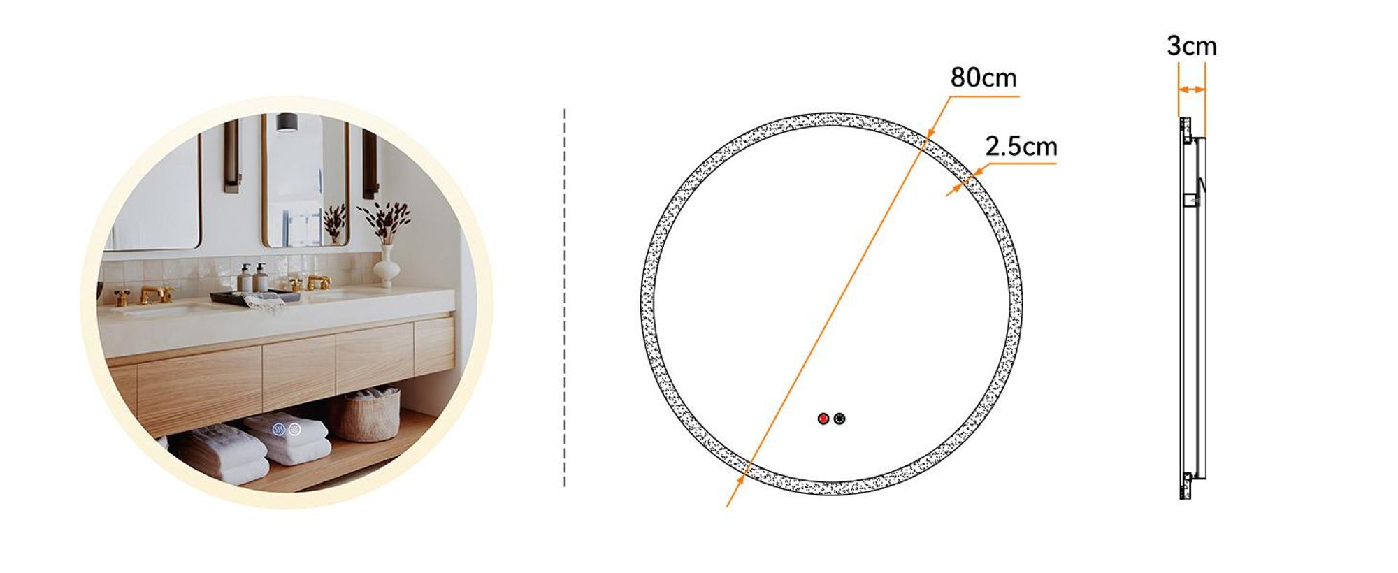 HOROW Badspiegel Badezimmerspiegel mit Beleuchtung 80 cm LED Runder Spiegel Smart Wandspiegel mit Touch-Schalter Antibeschlag