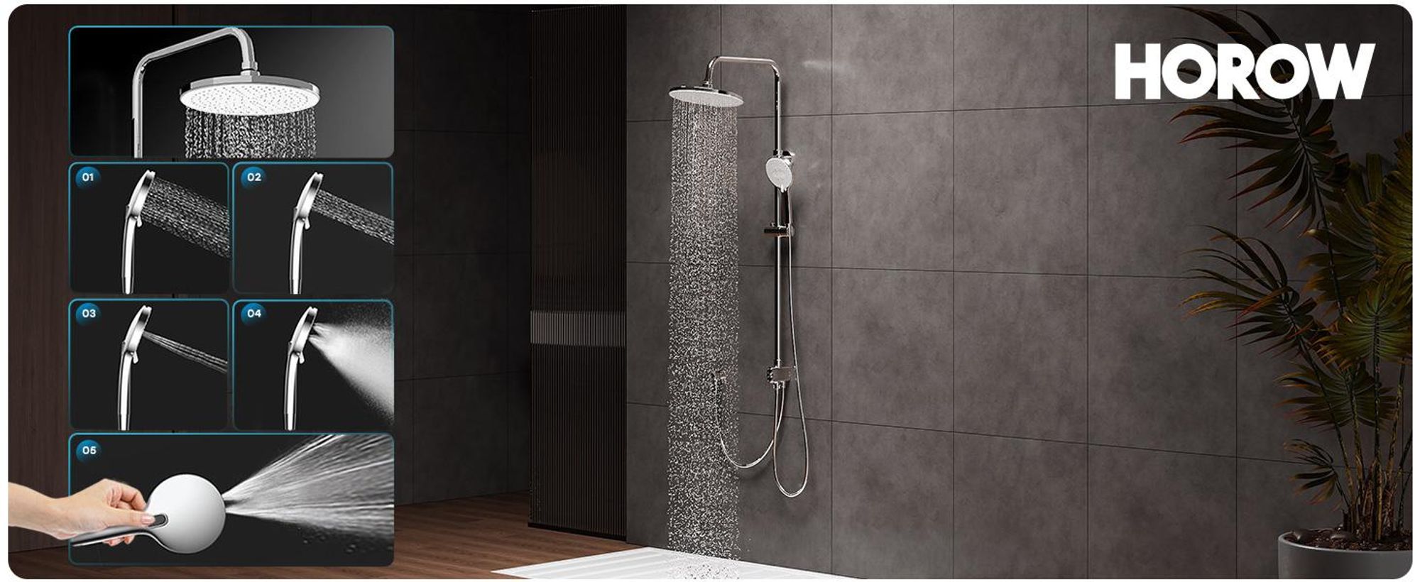 HOROW Duschset, 5 Modi Strahlarten Duschkopf, Regendusche Set Chrom mit Messing Ventilkern, Höhenverstellbar, große 25 cm Kopfbrause Rund