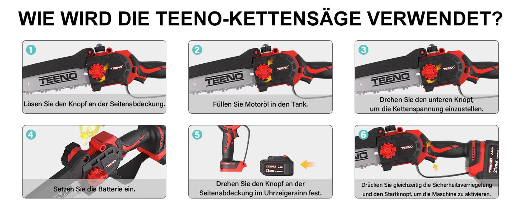 TEENO 2-in-1-Gartenwerkzeug-Set: Mini-Kettensäge mit Akku 6 Zoll + elektrische Gartenschere, kabellos, 0 – 40 mm, 2 x 4,0 Ah Batterien