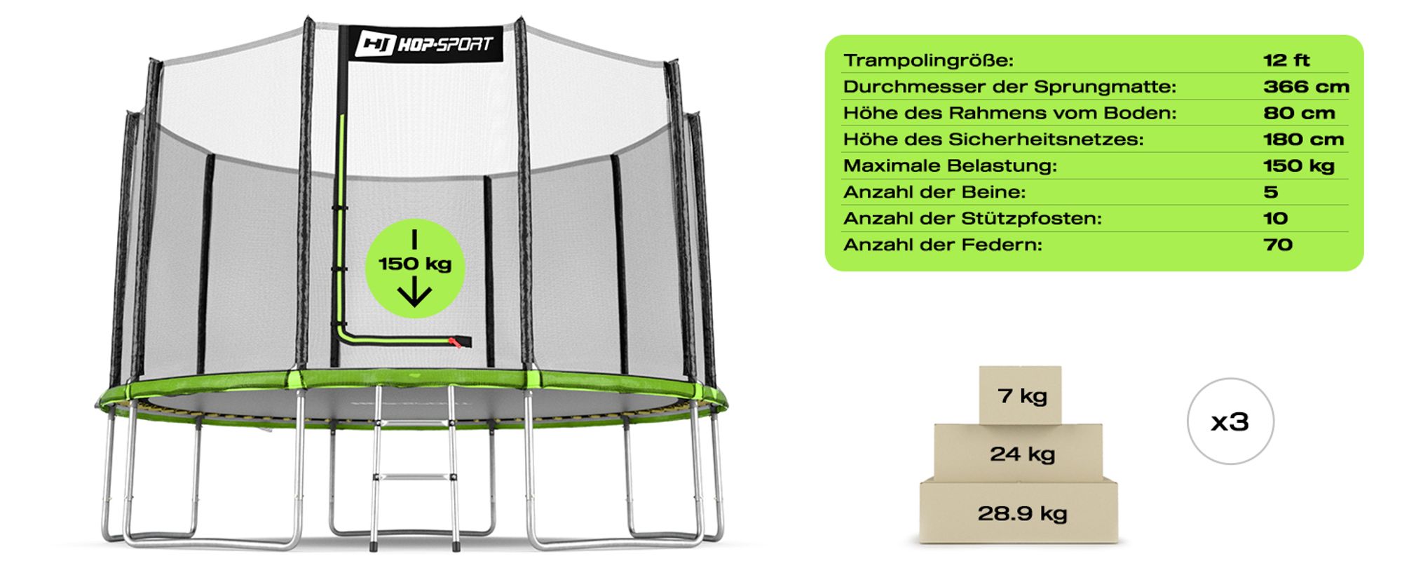 Technische Daten Trampolin Outdoor Gartentrampolin 366cm 12FT Hop-Sport