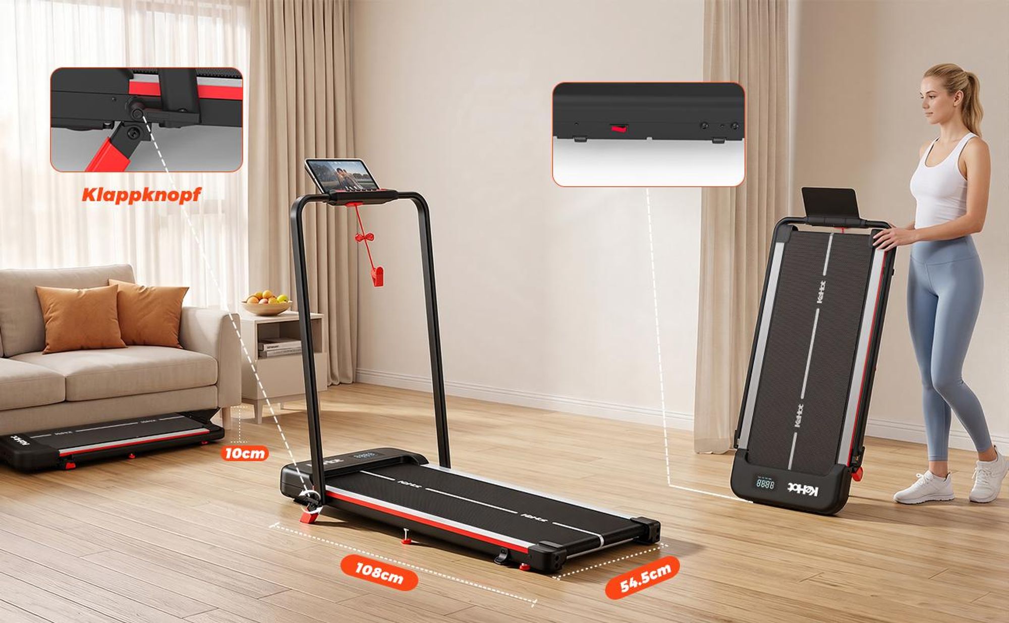 4-in-1 Laufband klappbar, 1–12 km/h, 12% Steigung, 120 kg ,App-Steuerung, LED Display,für Zuhause