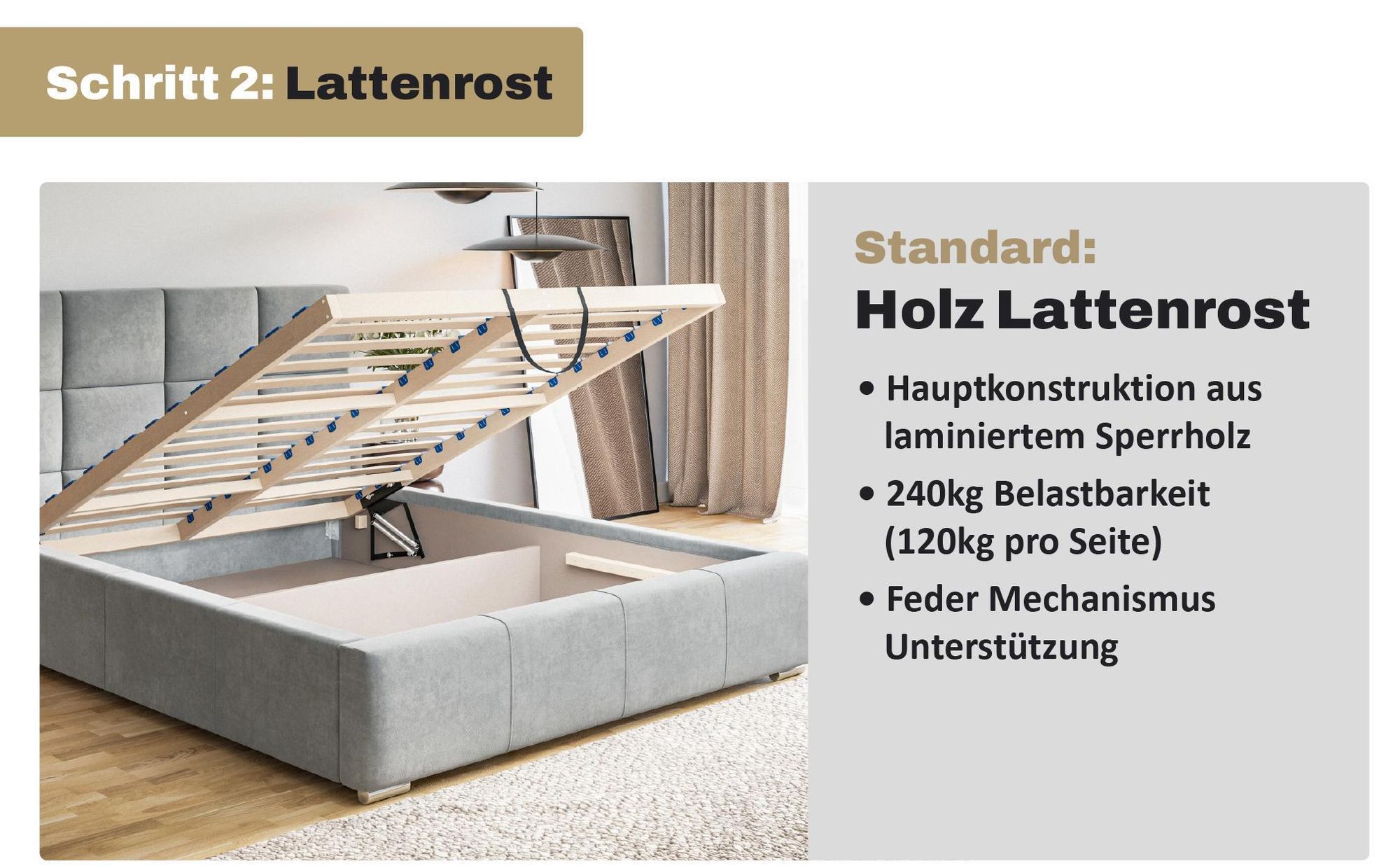 MOTIVENA Luna Polsterbett 200x200 mit Bettkasten, Holz Lattenrost, Bett 200x200 Beige Samt (Jasmine 24)