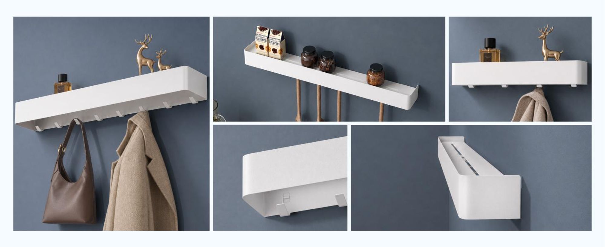 doporro Wandgarderobe mit Ablage, Garderobenleiste 80 cm mit 8 Garderobenhaken, Kleiderhaken Wand ohne Bohren Weiß Reglo-05