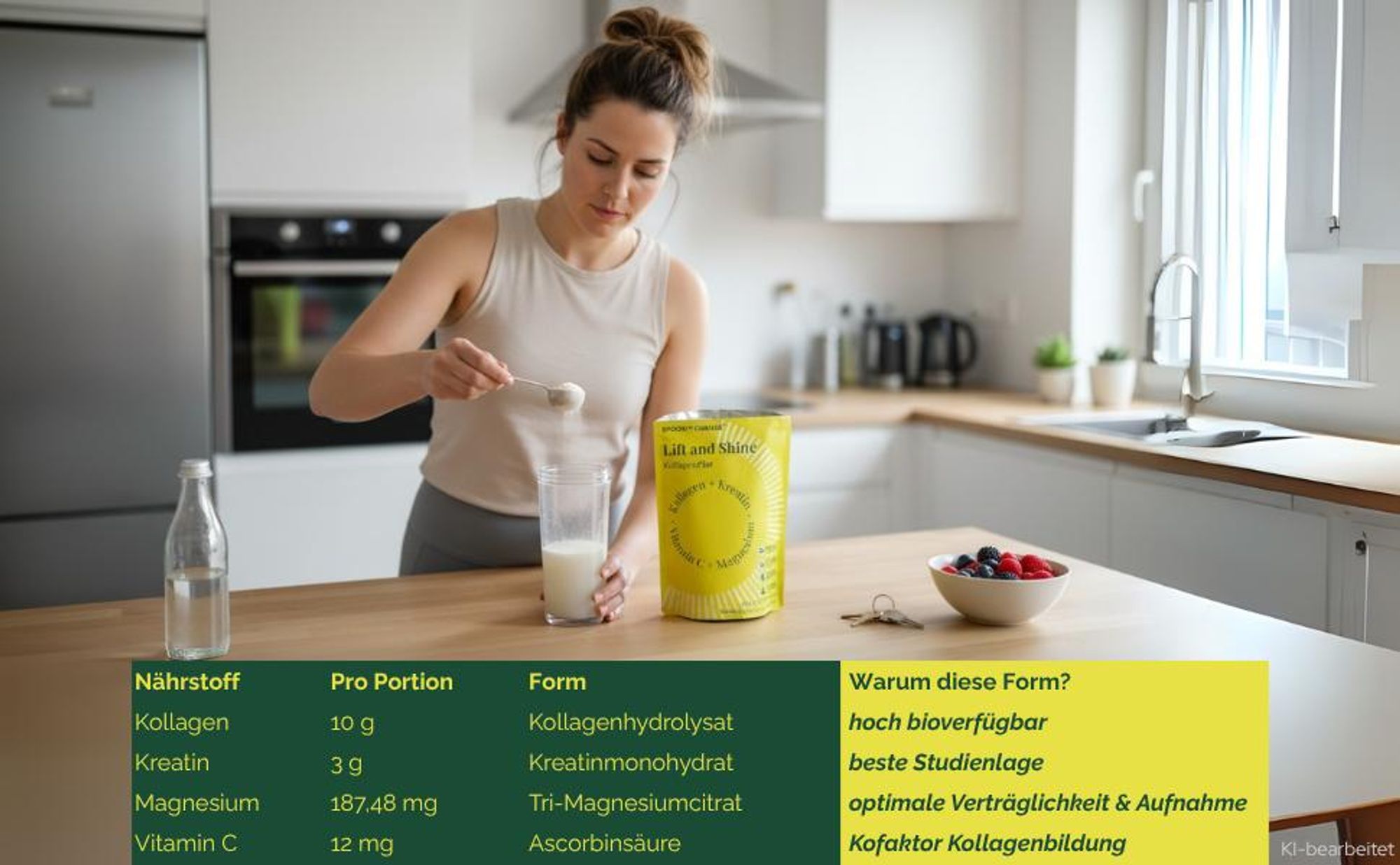 Kreatin-Kollagen Komplex mit Magnesium & Vitamin C - Labor - Hydrolysiertes Kollagen Peptide Typ I+III - Geschmacksneutral - Glow, Power, Sport