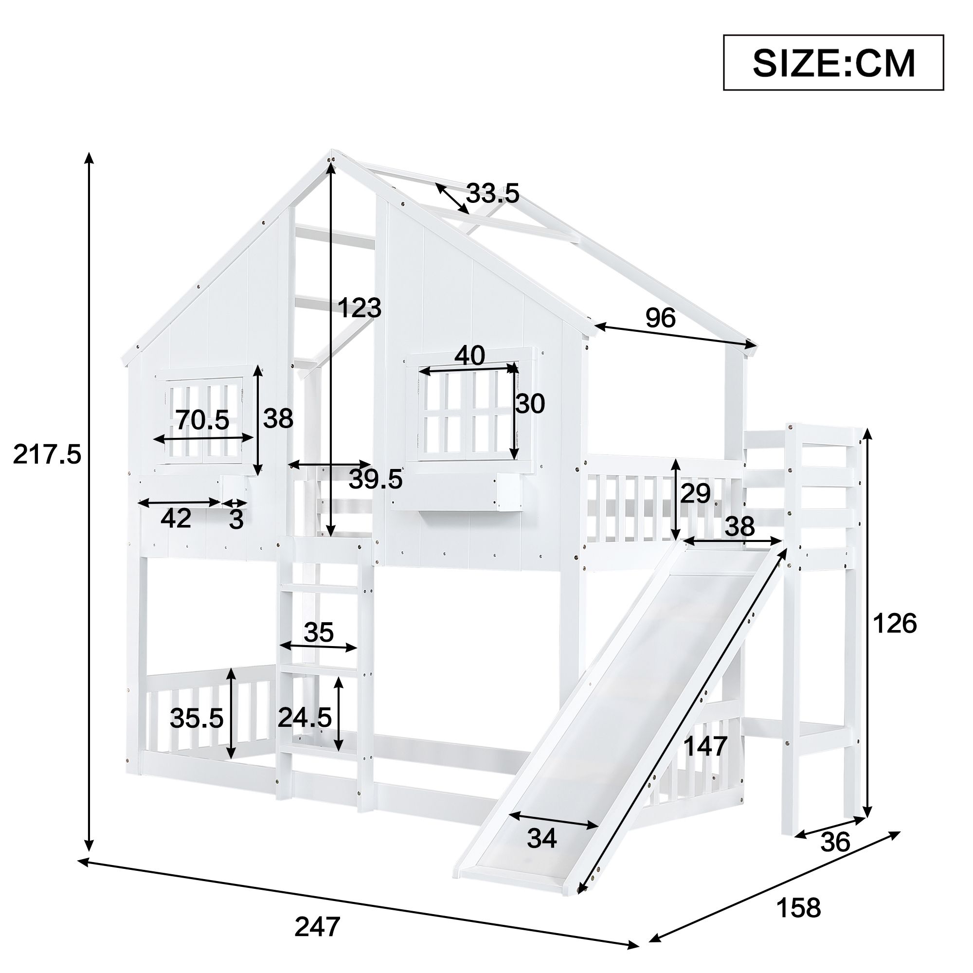 Flieks Etagenbett 90x200cm mit Rutsche, Kinderbett Hausbett mit Fenster und Staufach, Hochbett Stockbett Einzelbett Holzbett mit Lattenrost, Weiß