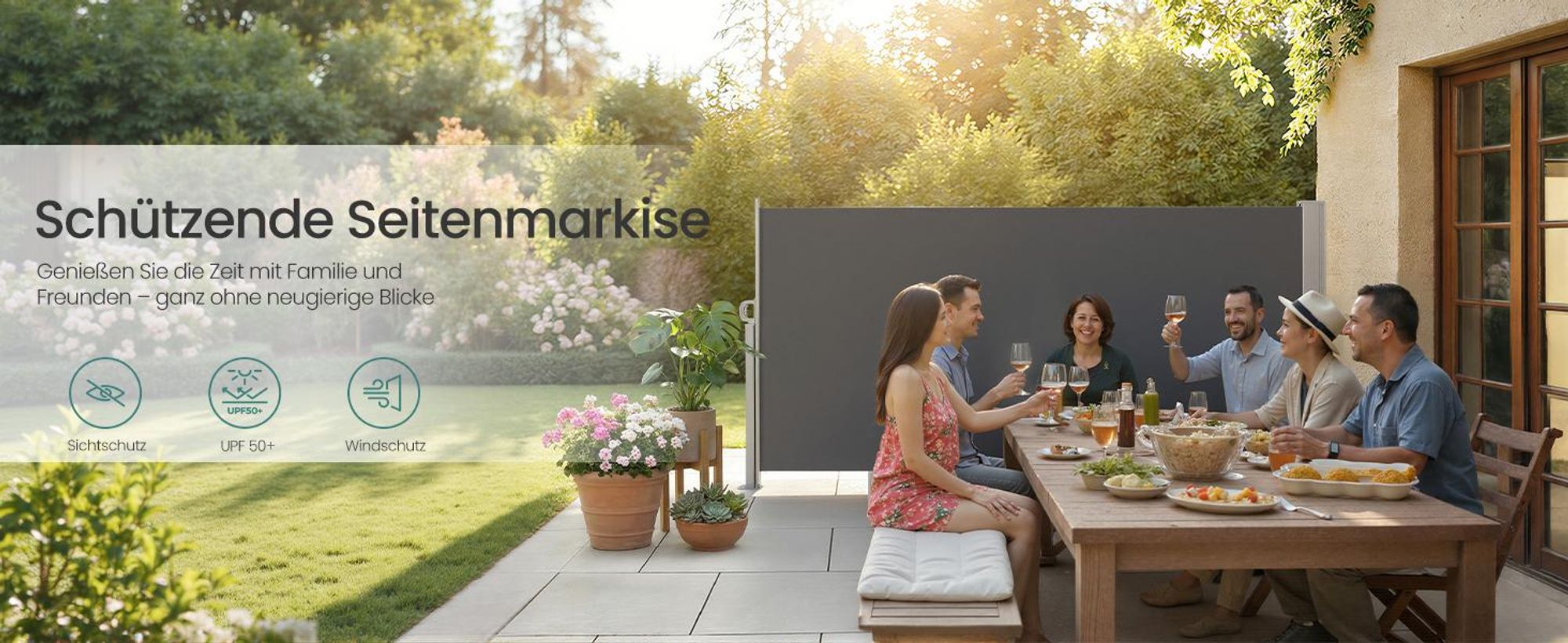 SONGMICS Seitenmarkise Stahl 500 x 160 cm ausziehbar, rostbeständig Sonnenschutz