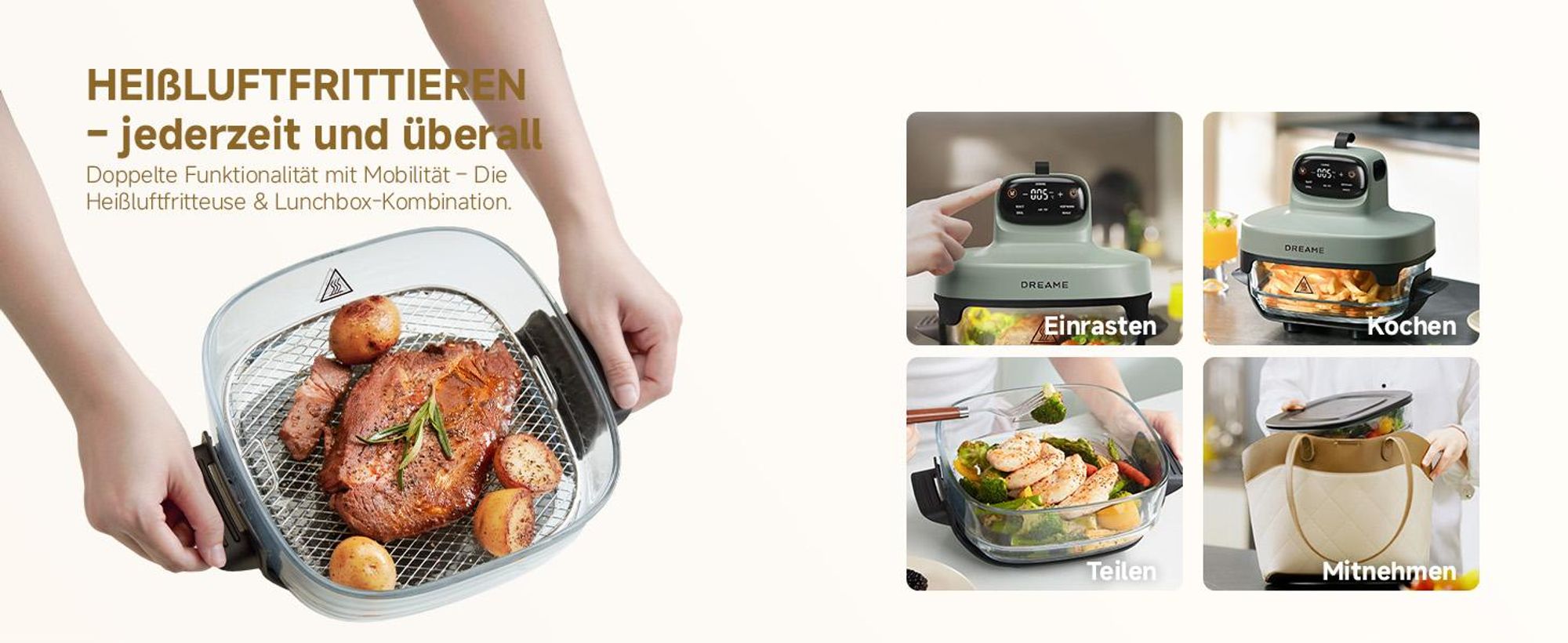 Dreame Tasti AirFryer 5-in-1 Heißluftfritteuse, 6mm starkes,tragbares Borosilikatglas,3D-Heißluftzirkulation,spülmaschinenfest,360° Sicht,2.5l ,Grün