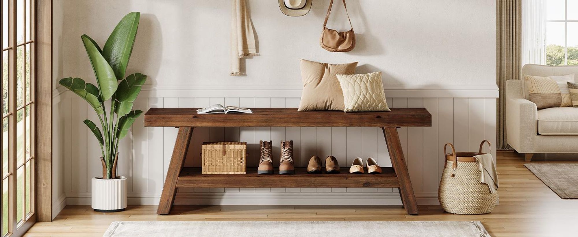Tribesigns 2-stöckige Eingangsbank, Flur Foyer Massivholz Sitzgelegenheit mit offenen Regalen, Holz Schuhbank Indoor für Eingangsbereich, Wohnzimmer