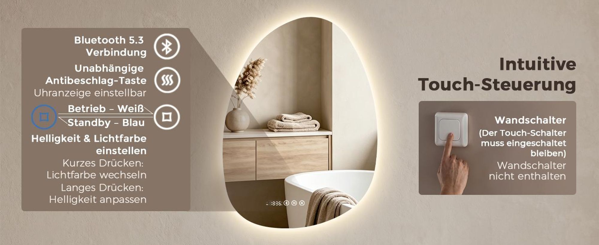 S'AFIELINA Badspiegel mit Beleuchtung Asymmetrisch 60 x 45 cm mit 3 Lichtfarben dimmbar, beschlagfrei, Bluetooth, Uhr, Temperatur, Speicherfunktion