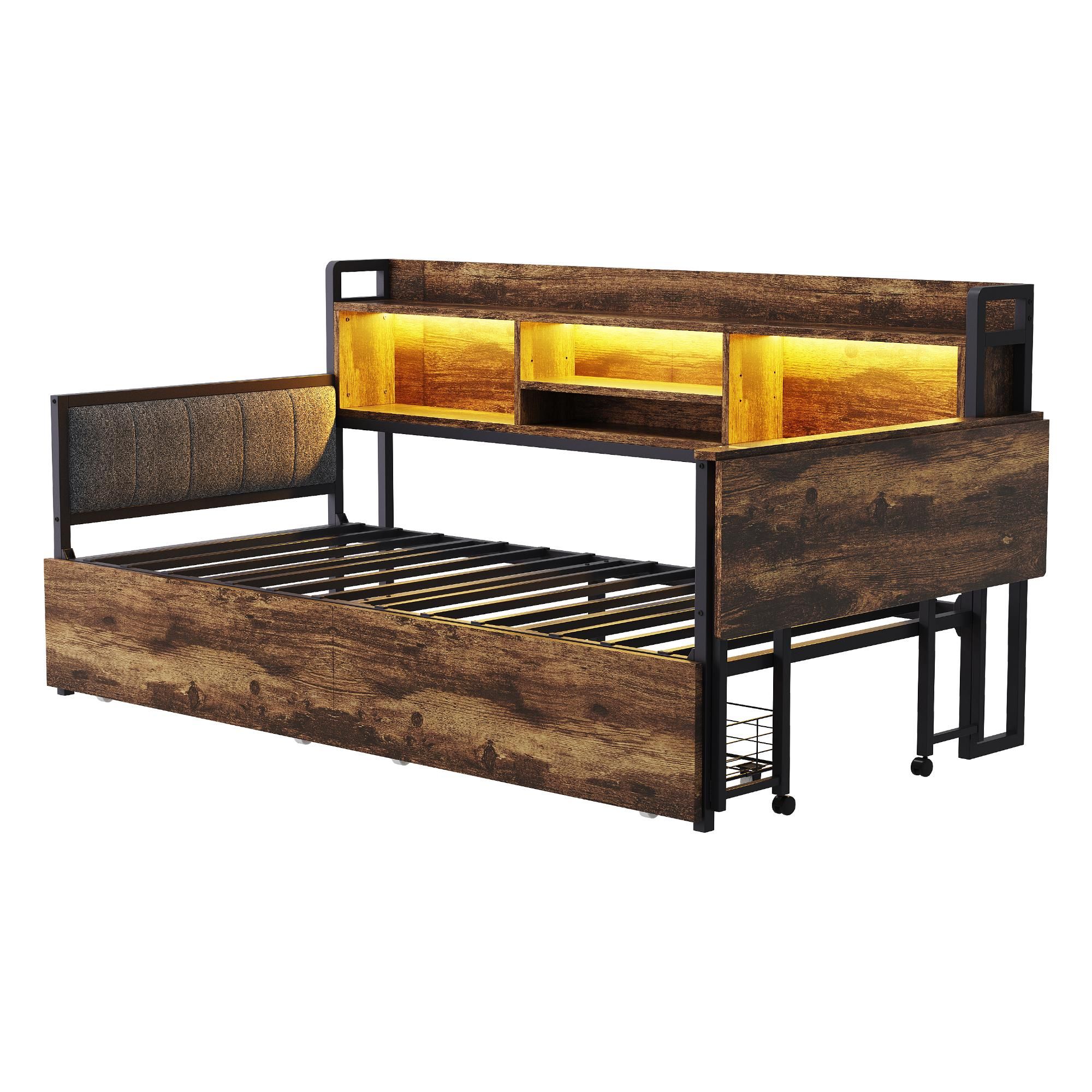 Flieks Schlafsofa Metallbett 90x200cm mit 2 Schubladen, Jugendbett Einzelbett mit Schreibtisch und Ladefunktion, Tagesbett mit Led, Naturbelassen