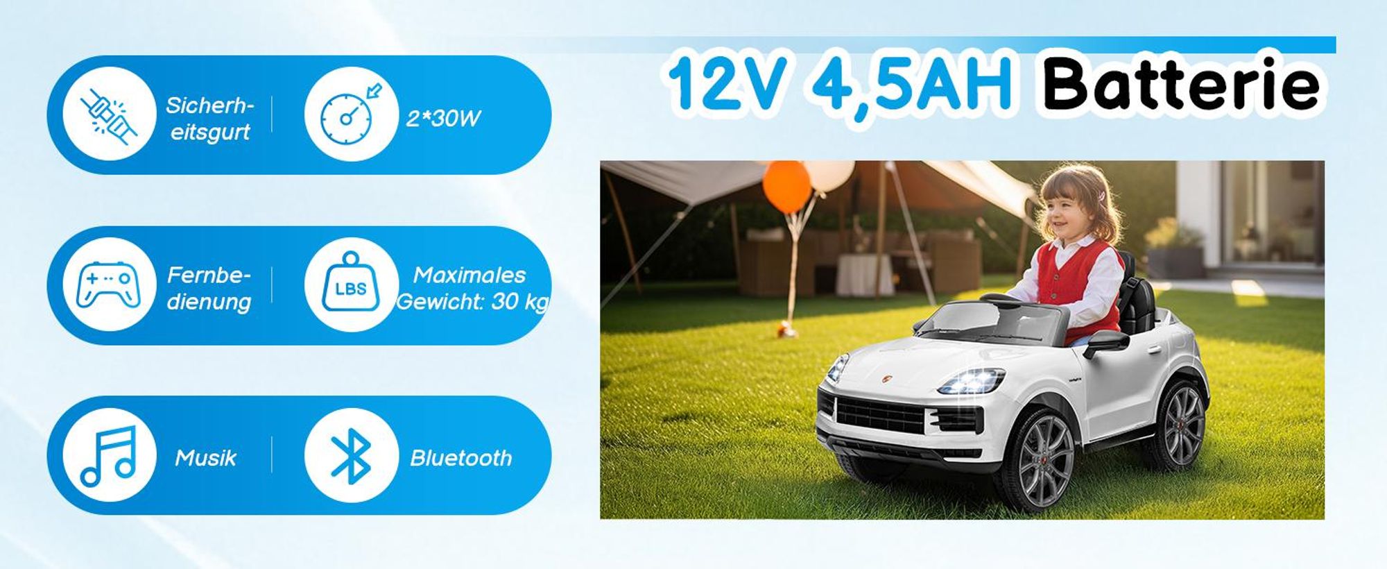 FCH Kinder Elektroauto 12V Kinderauto Elektrisch 2,4G-Fernbedienung, Porsche Cayenne Elektrofahrzeuge mit MP3, Musik, Hupe, LED-Leuchten (Weiss)