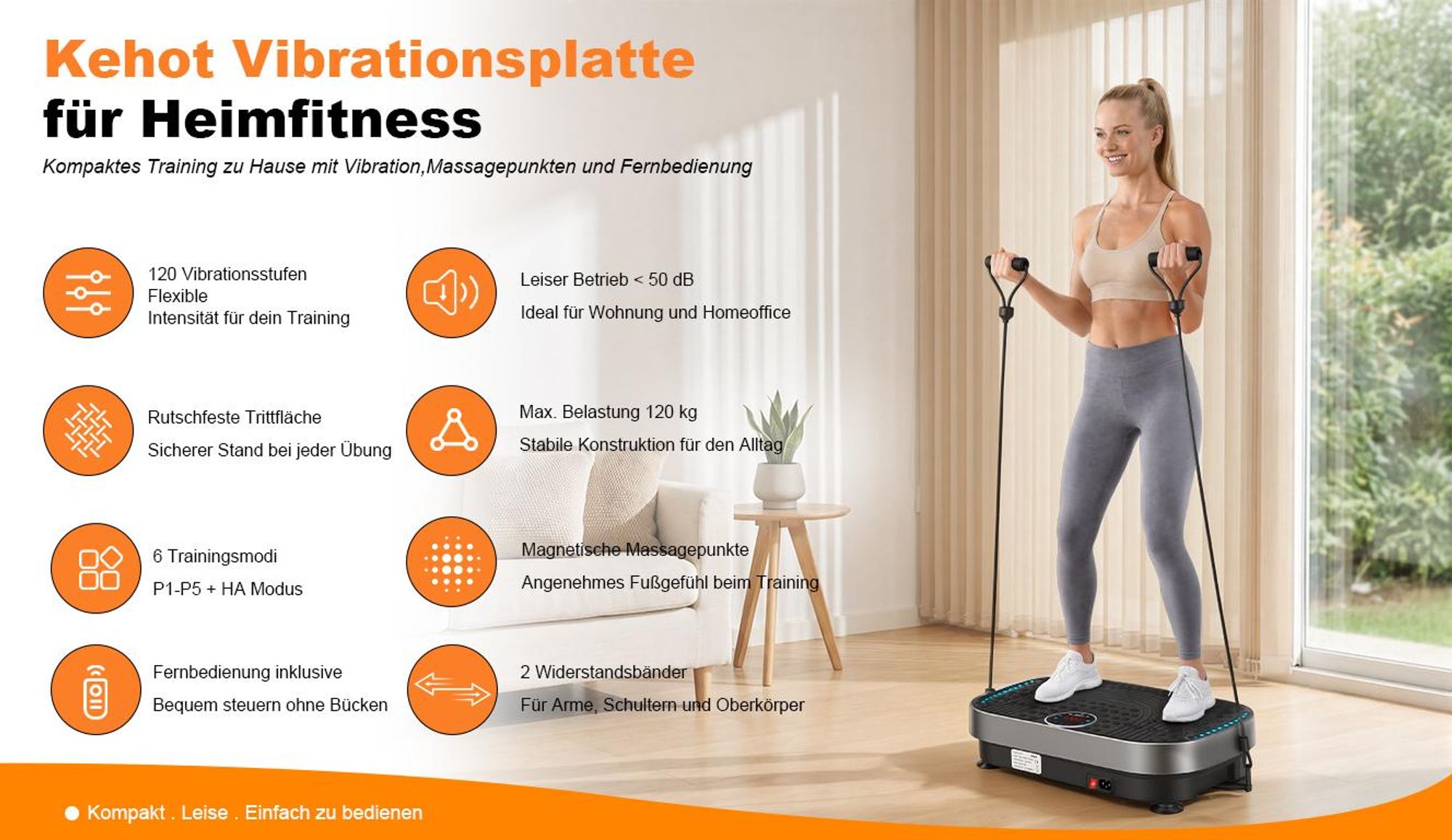 Kehot Vibrationsplatte 120 Stufen 6 Modi 200W Fernbedienung Zugbänder für Zuhause