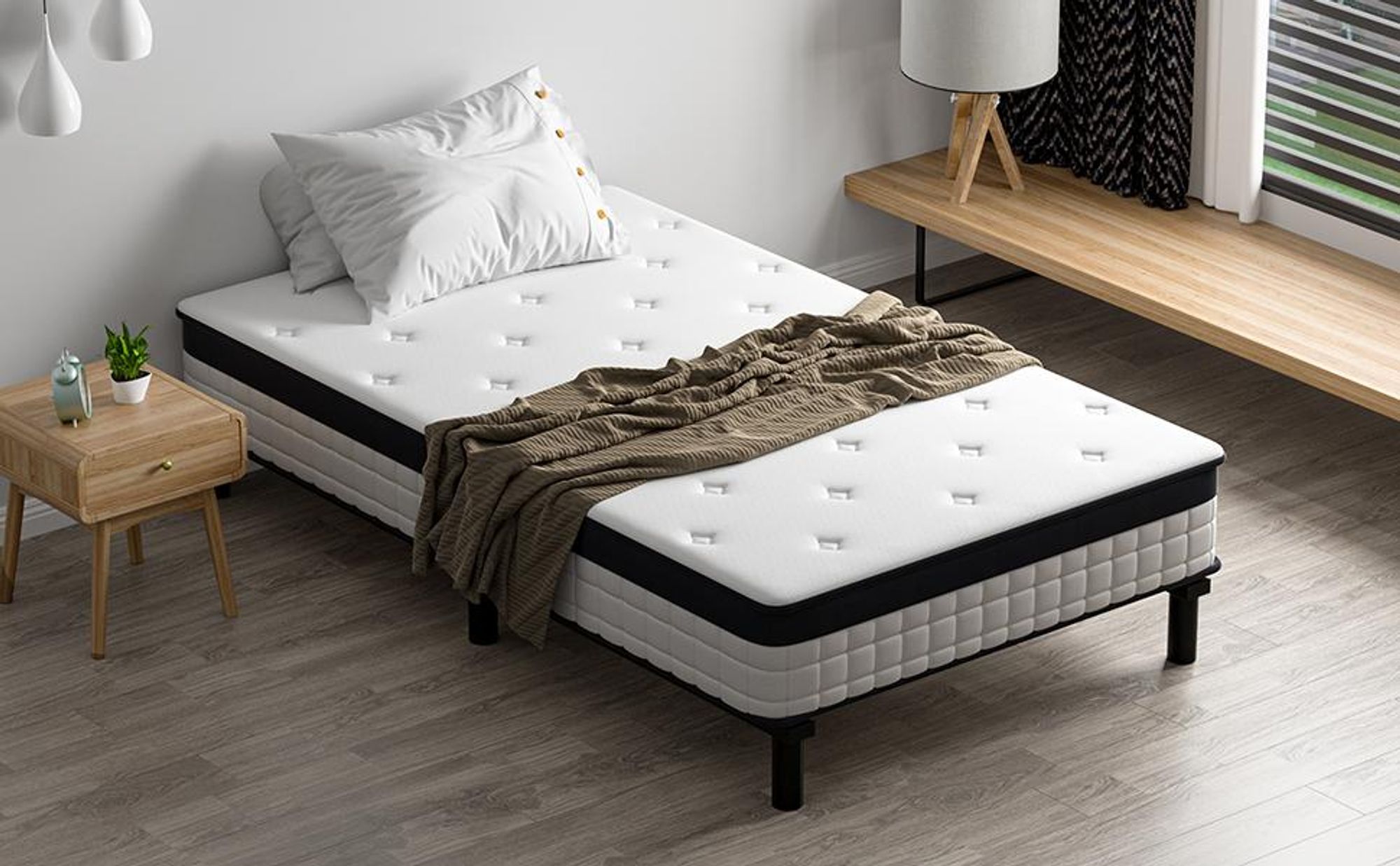 DEWINNER Ensemble Matelas 90 x 190 CM avec Sommier, Matelas à Ressorts ensachés et Robuste Cadre de lit en Fer avec 6 Pieds, Lit Complet, épaisseur 18