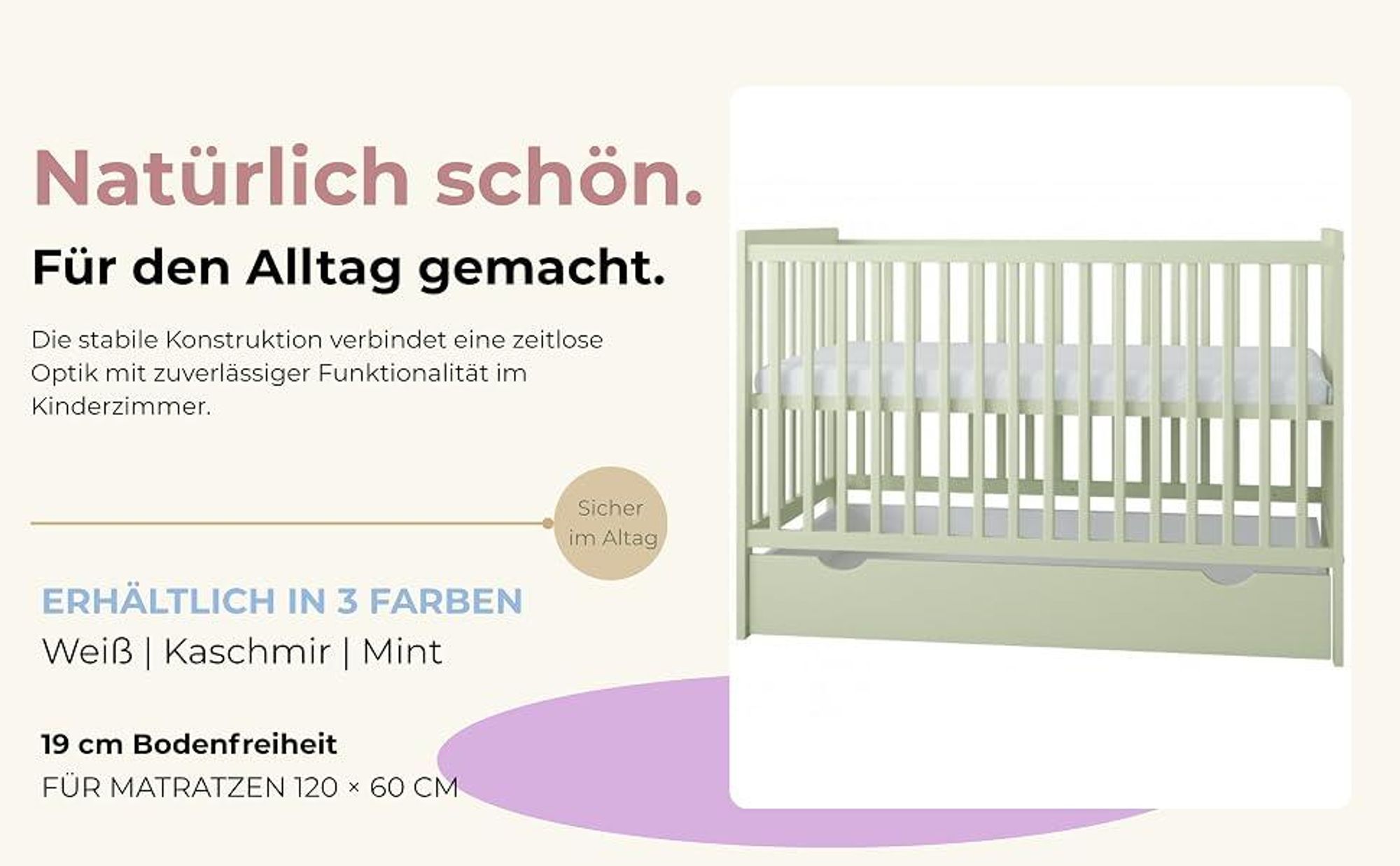 ZEE LUMI Mint Babybett 120x60 cm mit Schublade & Schutzgitter 2in1 Kinderbett aus Kiefernholz Höhenverstellbar EN 716 Juniorbett Umbau